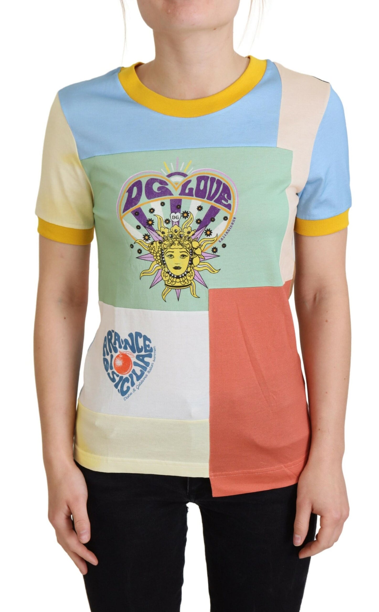 Rundhals-T-Shirt aus Baumwolle mit Patchwork-Print