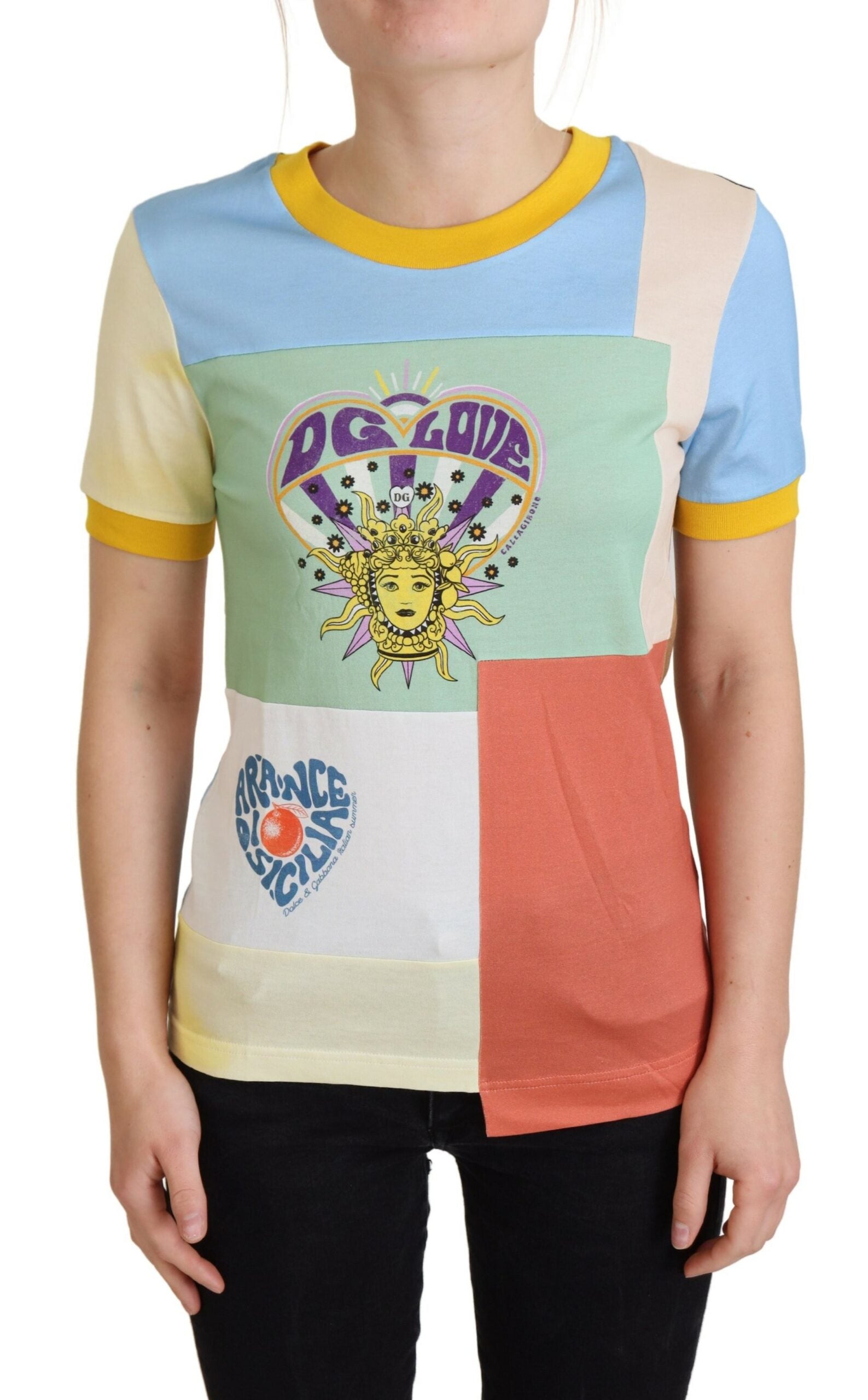 Rundhals-T-Shirt aus Baumwolle mit Patchwork-Print