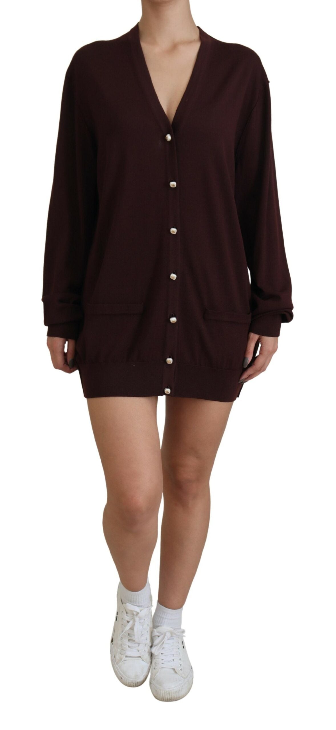 Cardigan in lana con scollo a V color castagna chic