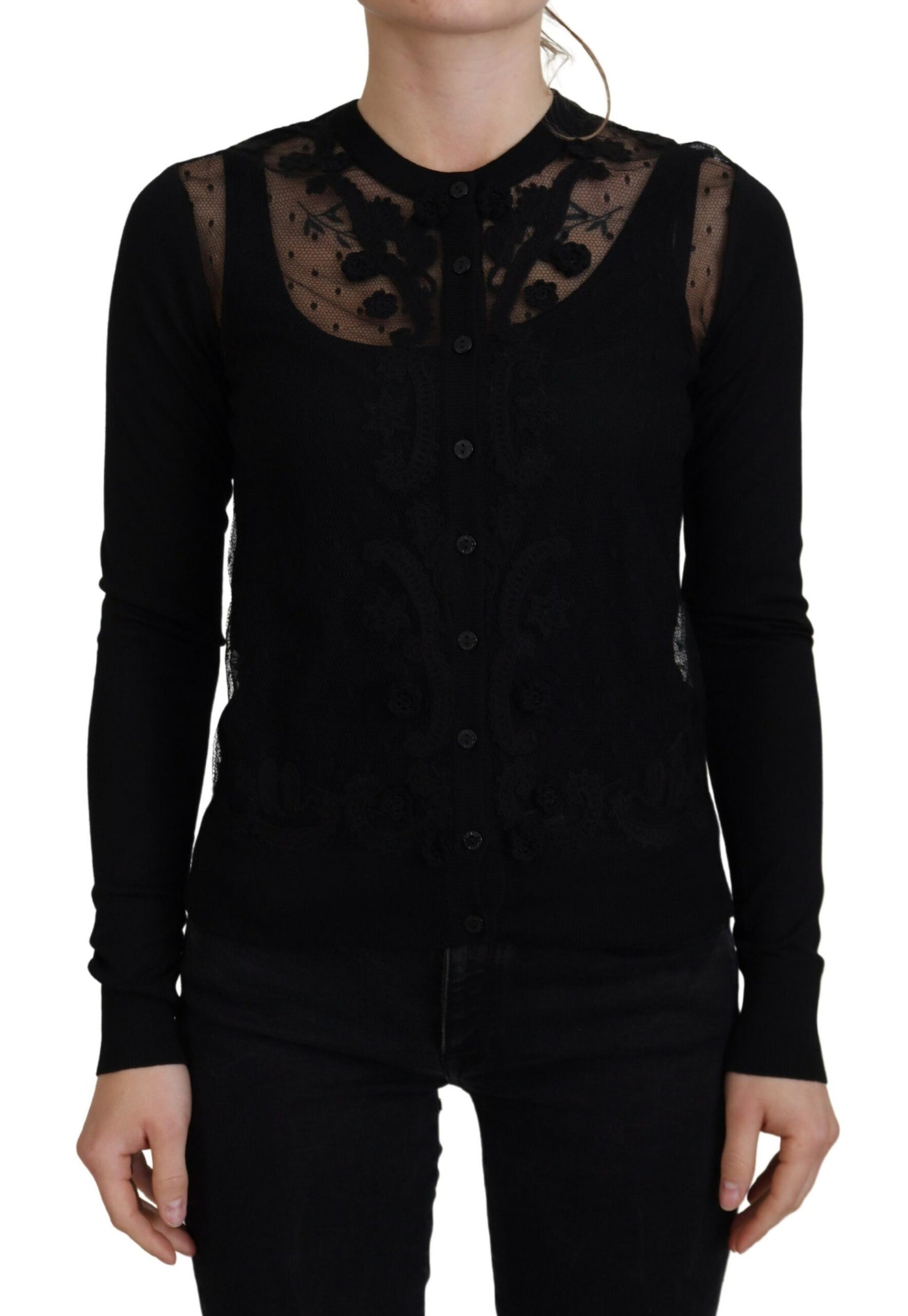 Elegante maglione cardigan in pizzo floreale nero
