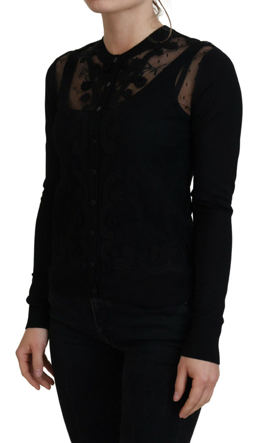 Elegante maglione cardigan in pizzo floreale nero