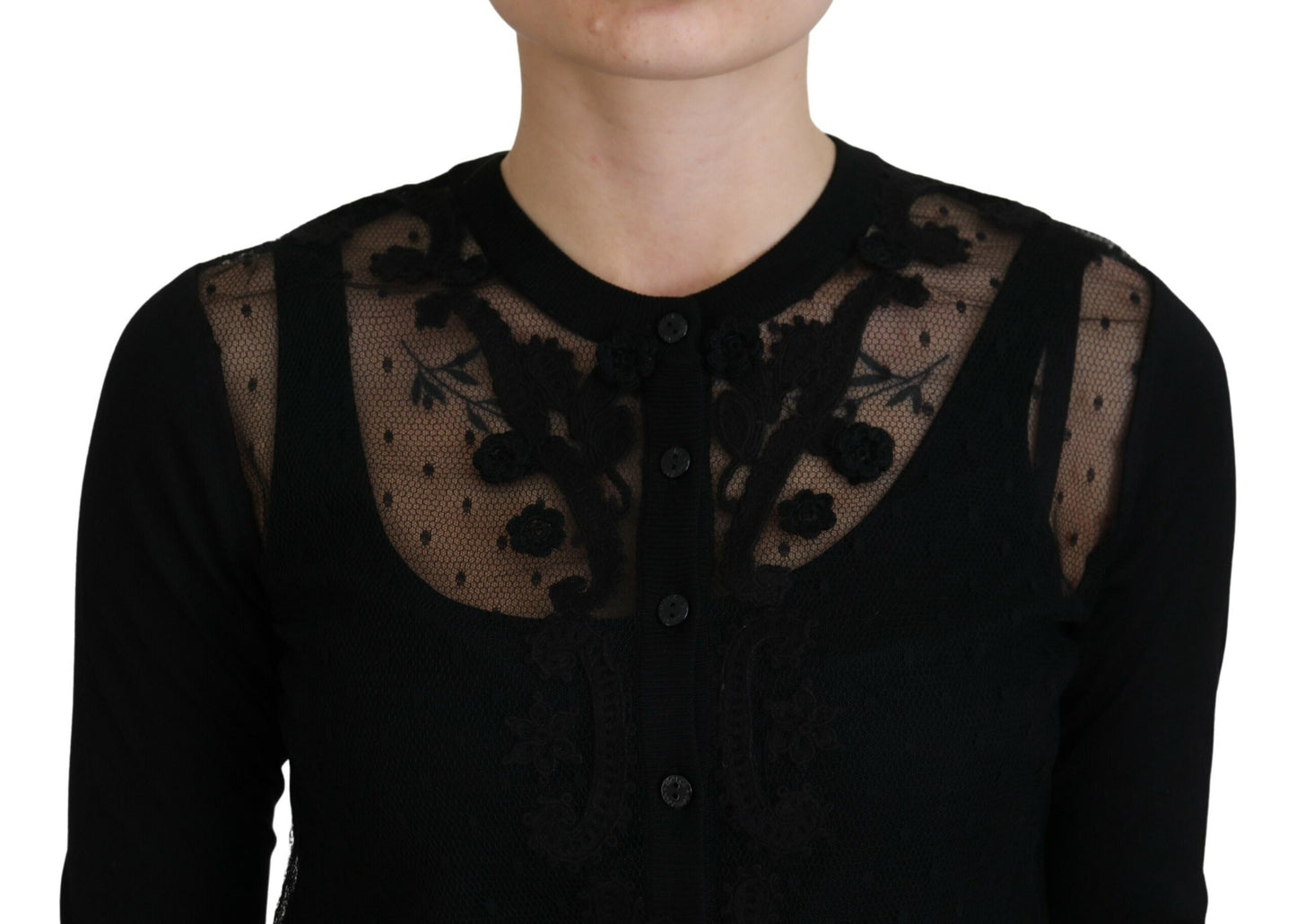 Elegante maglione cardigan in pizzo floreale nero