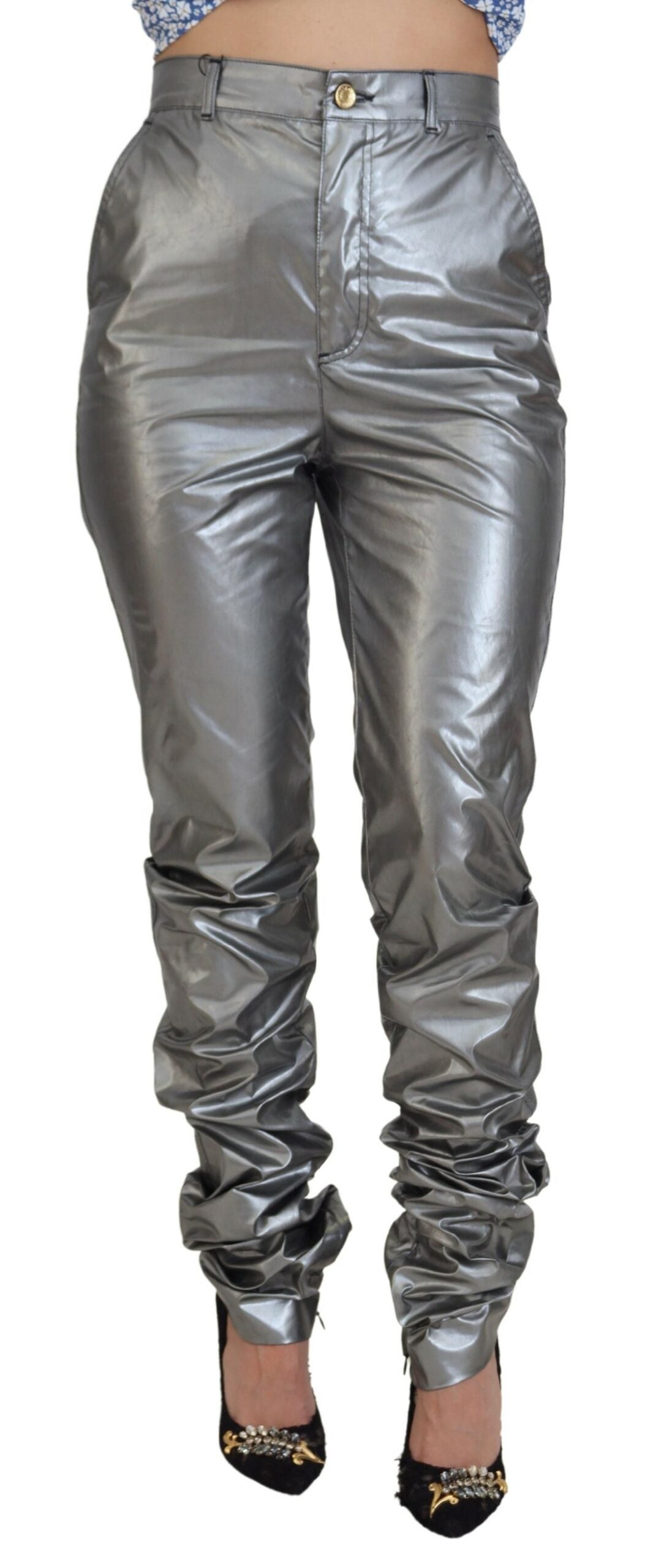 Pantaloni skinny eleganti a vita alta in argento