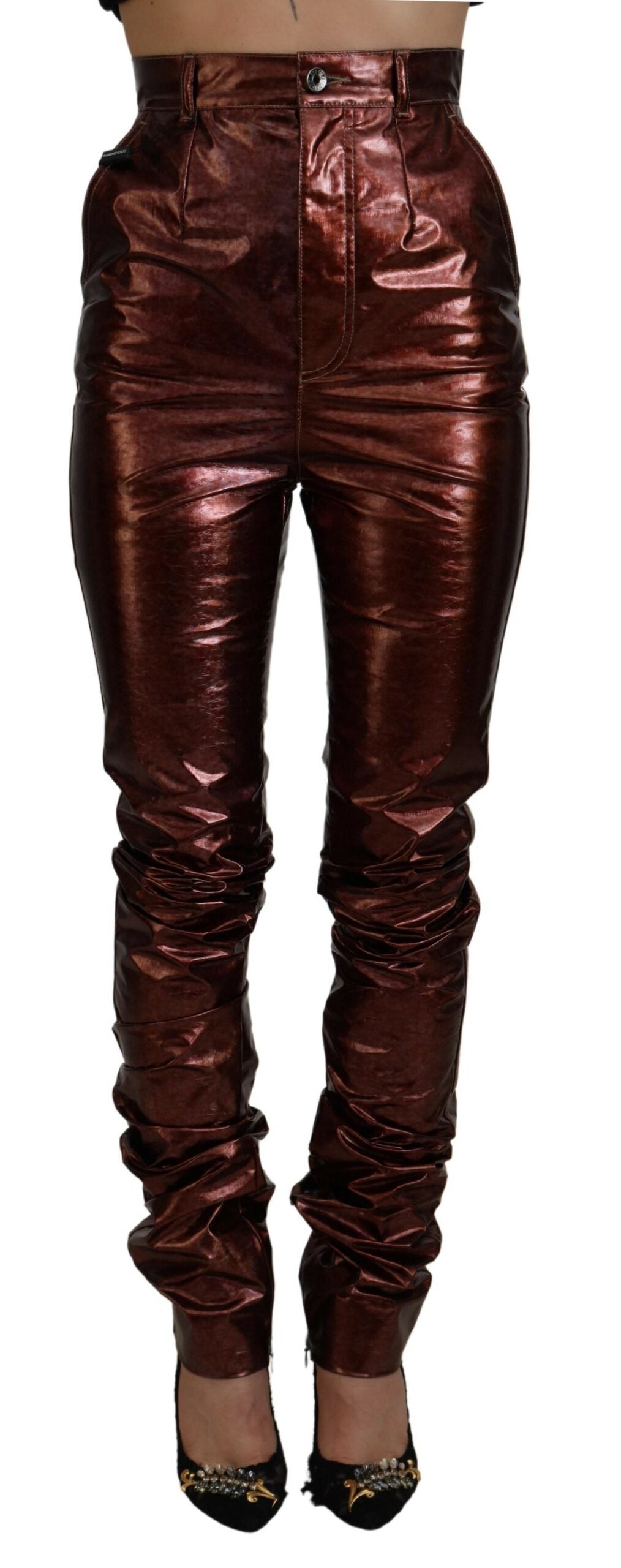 Jeans skinny a vita alta in bronzo metallizzato