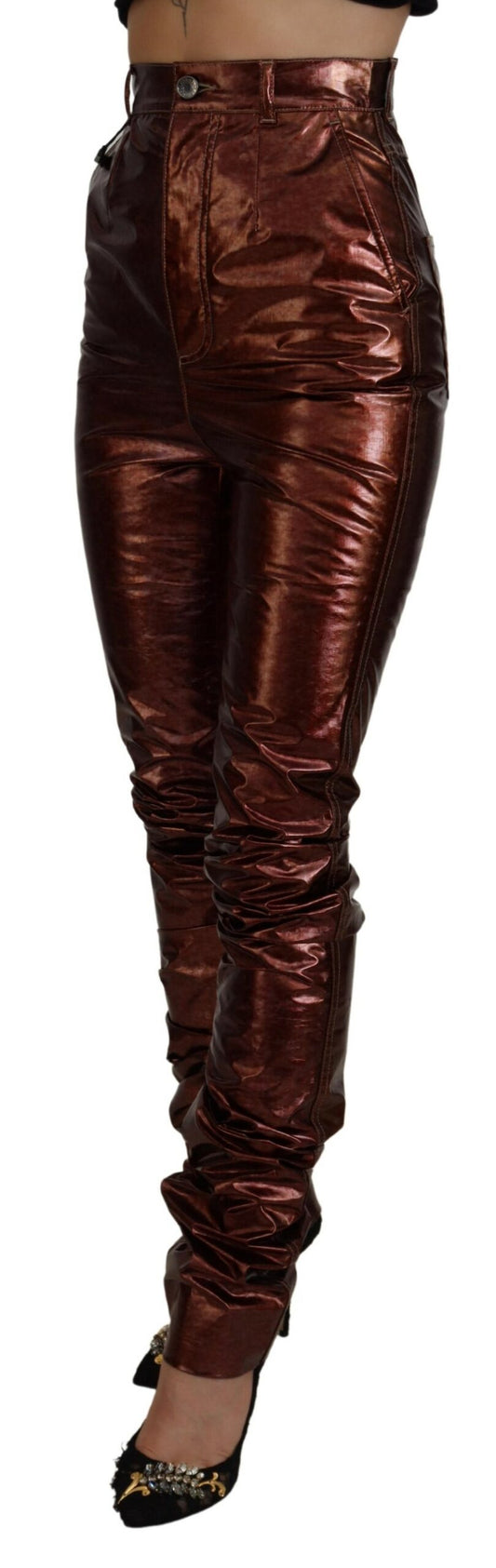 Jeans skinny a vita alta in bronzo metallizzato