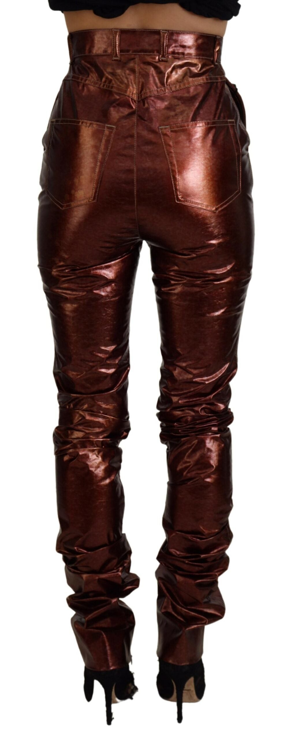 Skinny Jeans mit hoher Taille in Metallic-Bronze
