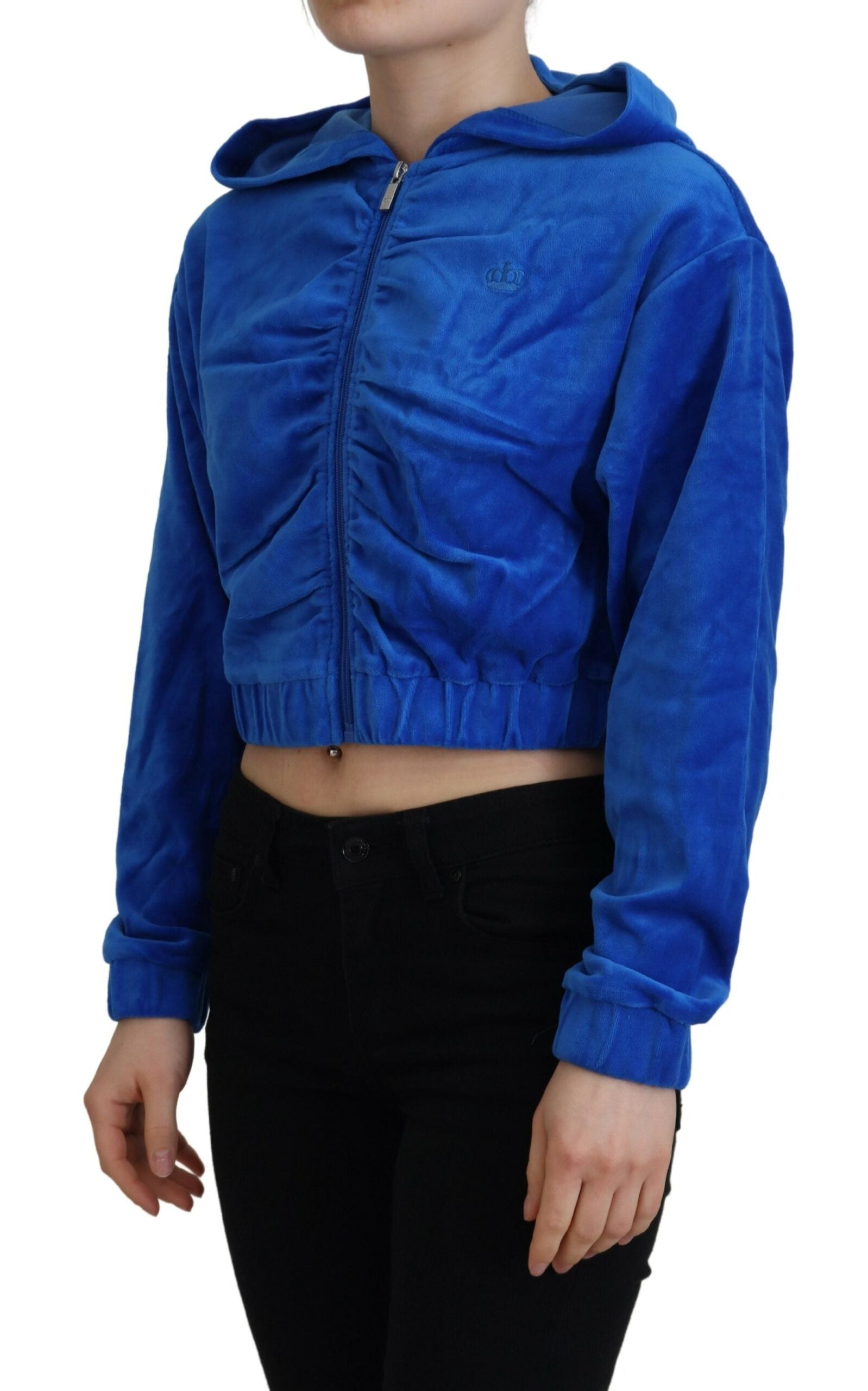 Glamouröser Kurzpullover mit Kapuze und Reißverschluss in Blau