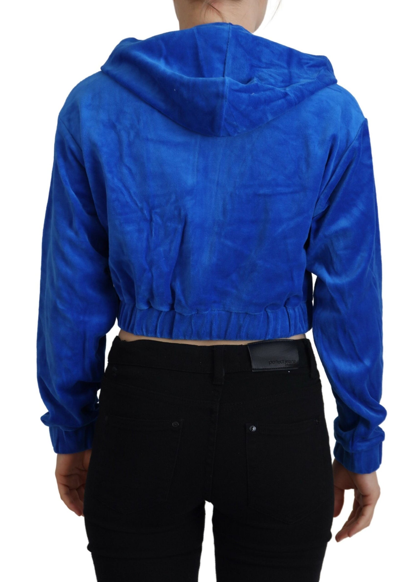 Glamouröser Kurzpullover mit Kapuze und Reißverschluss in Blau