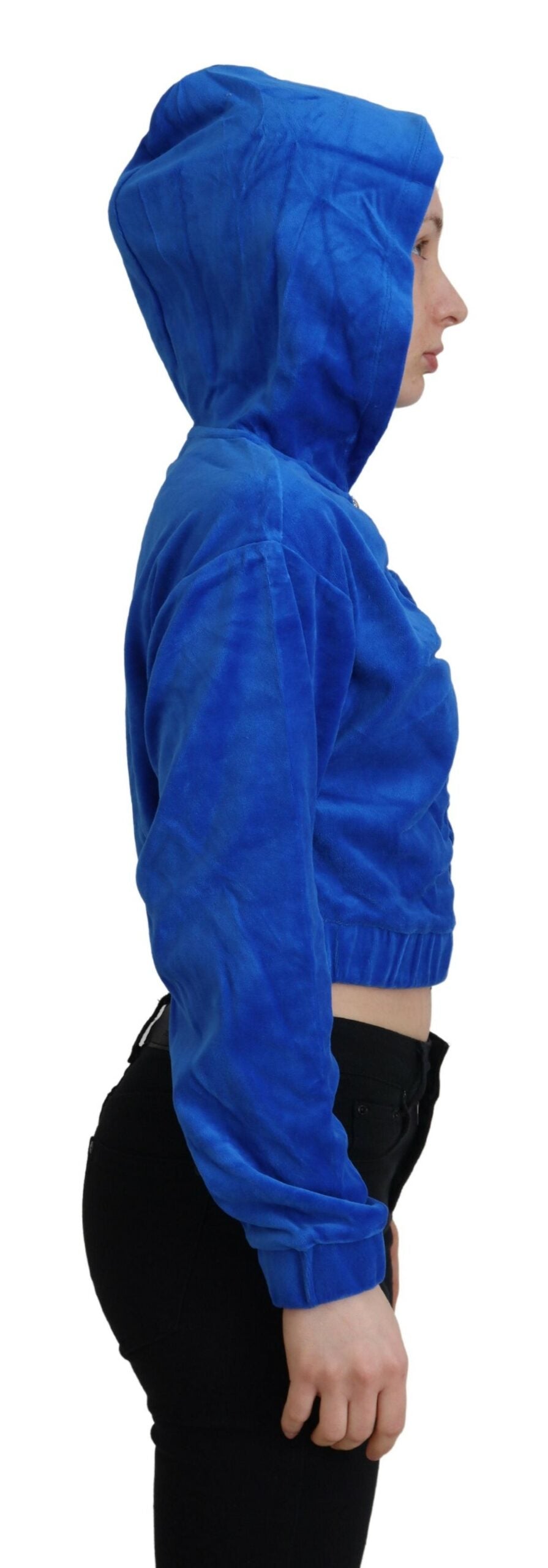 Glamouröser Kurzpullover mit Kapuze und Reißverschluss in Blau