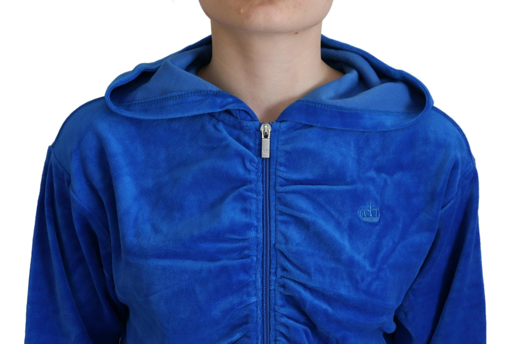 Glamouröser Kurzpullover mit Kapuze und Reißverschluss in Blau