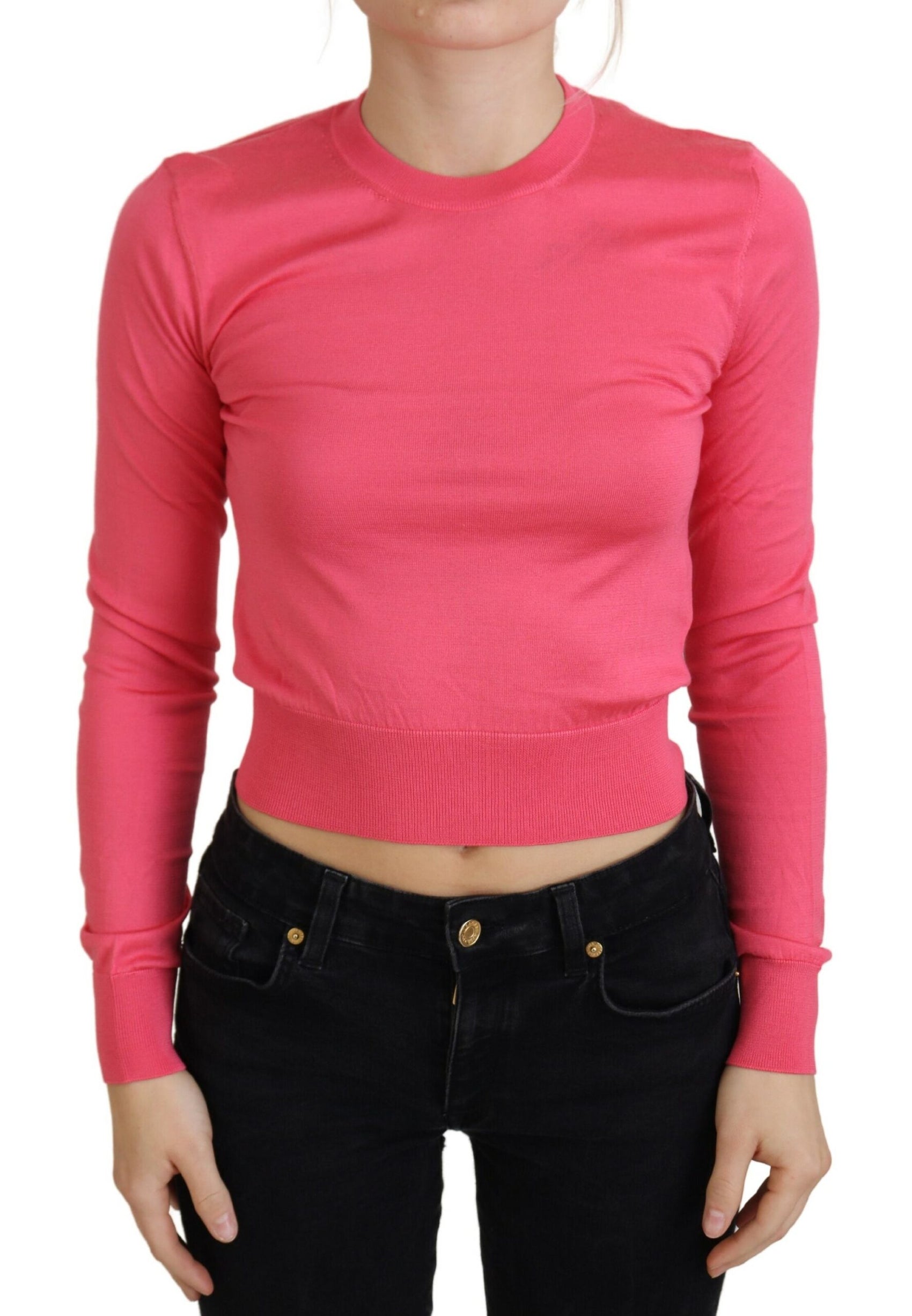 Elegante maglione girocollo corto rosa