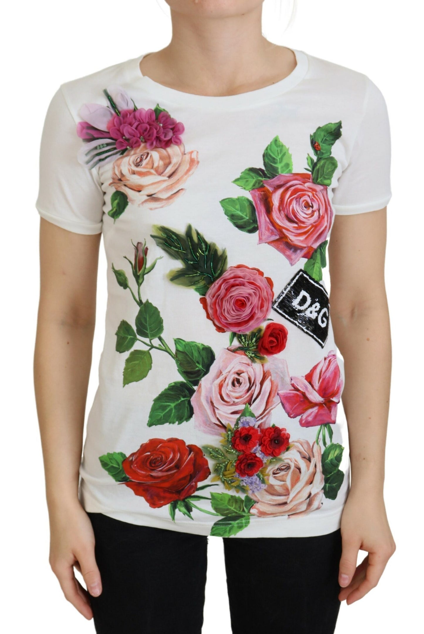 Elegantes mehrfarbiges Baumwoll-T-Shirt mit Rosendruck