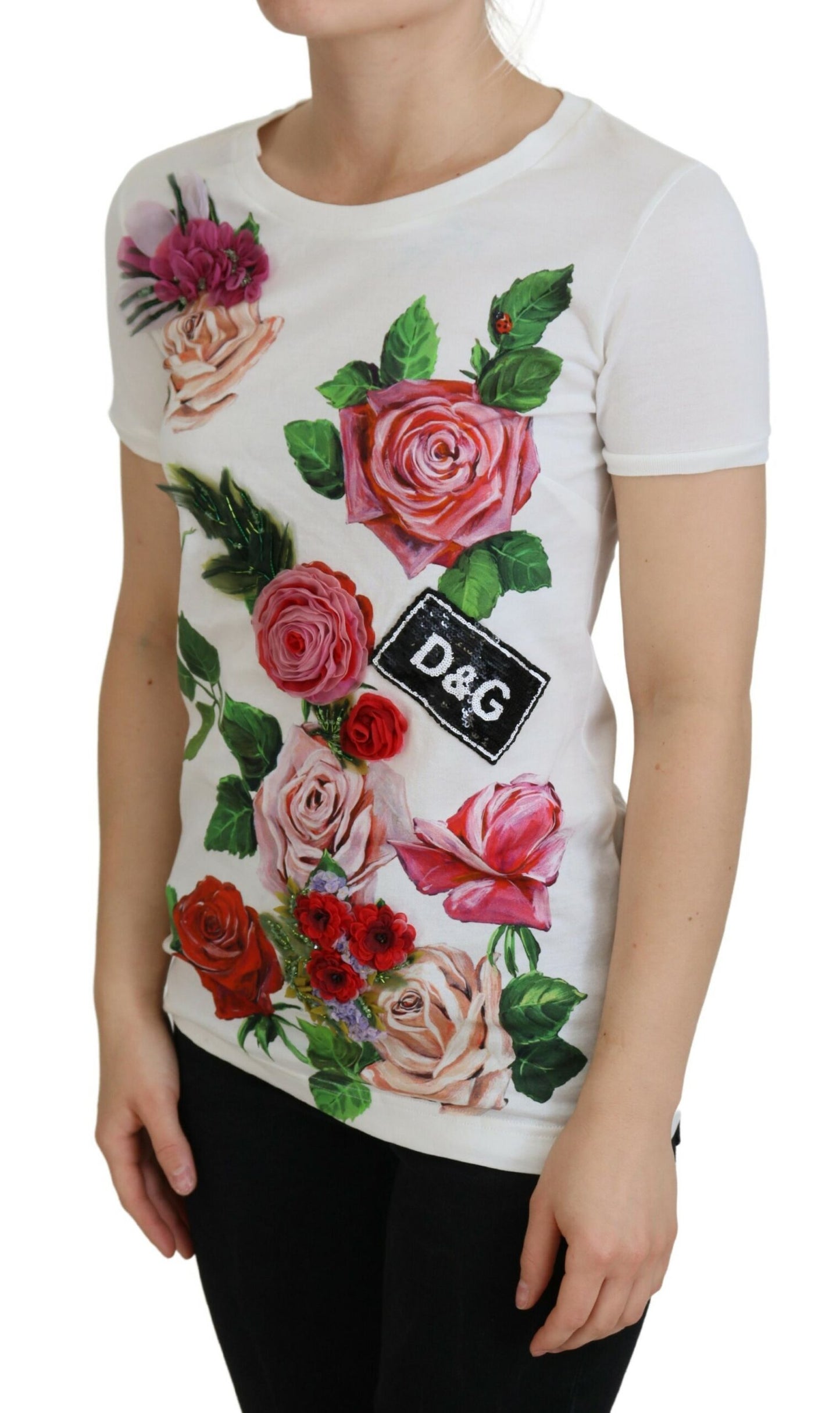 Elegantes mehrfarbiges Baumwoll-T-Shirt mit Rosendruck