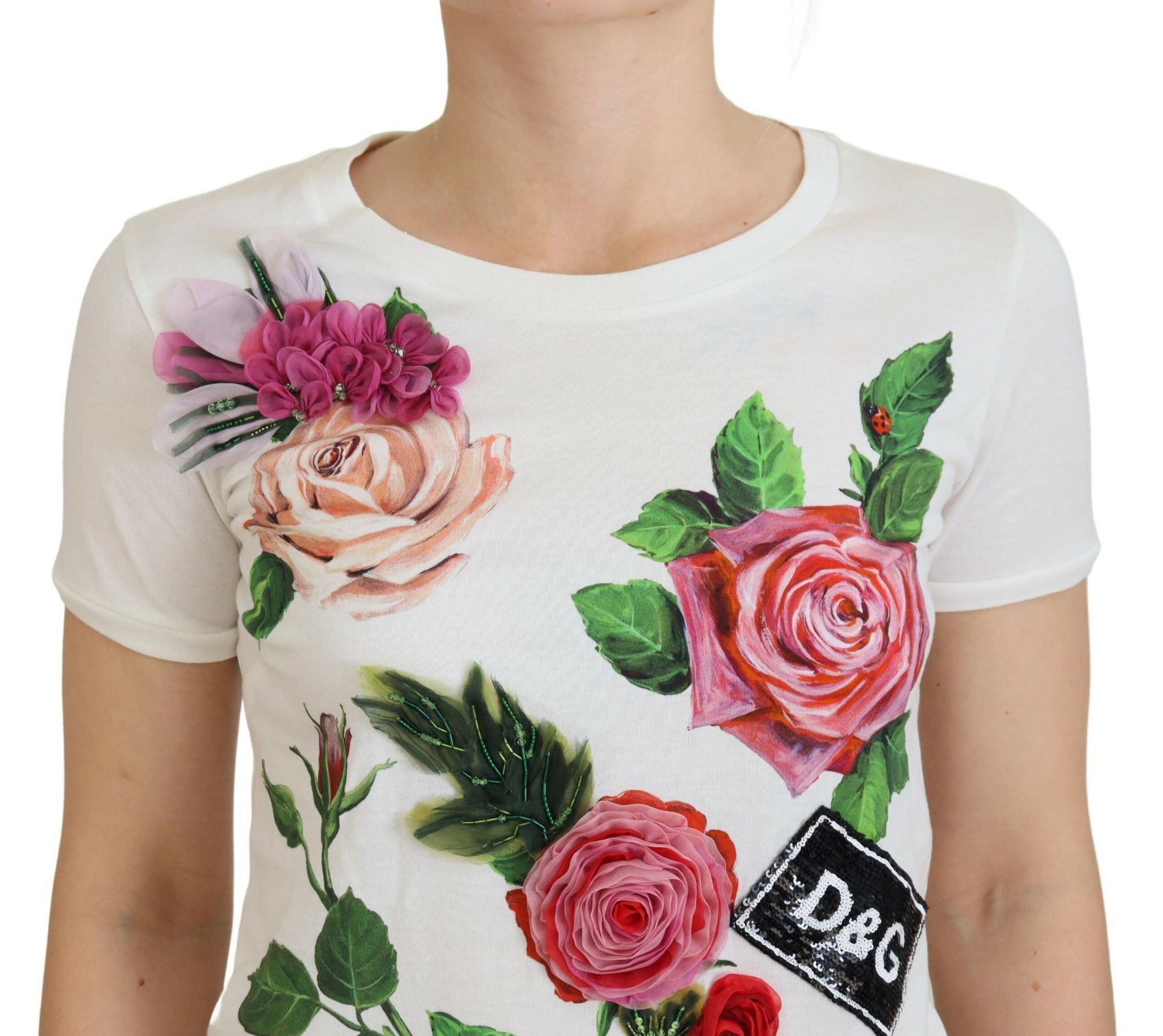 Elegantes mehrfarbiges Baumwoll-T-Shirt mit Rosendruck