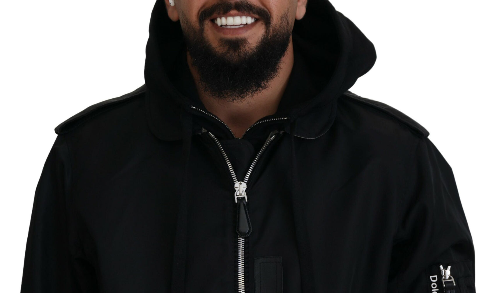 Elegante schwarze Bomberjacke mit Kapuze