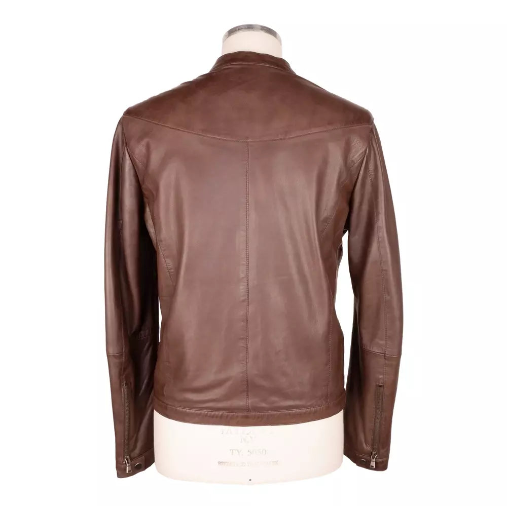 Elegante braune Lederjacke mit Druckknopfkragen