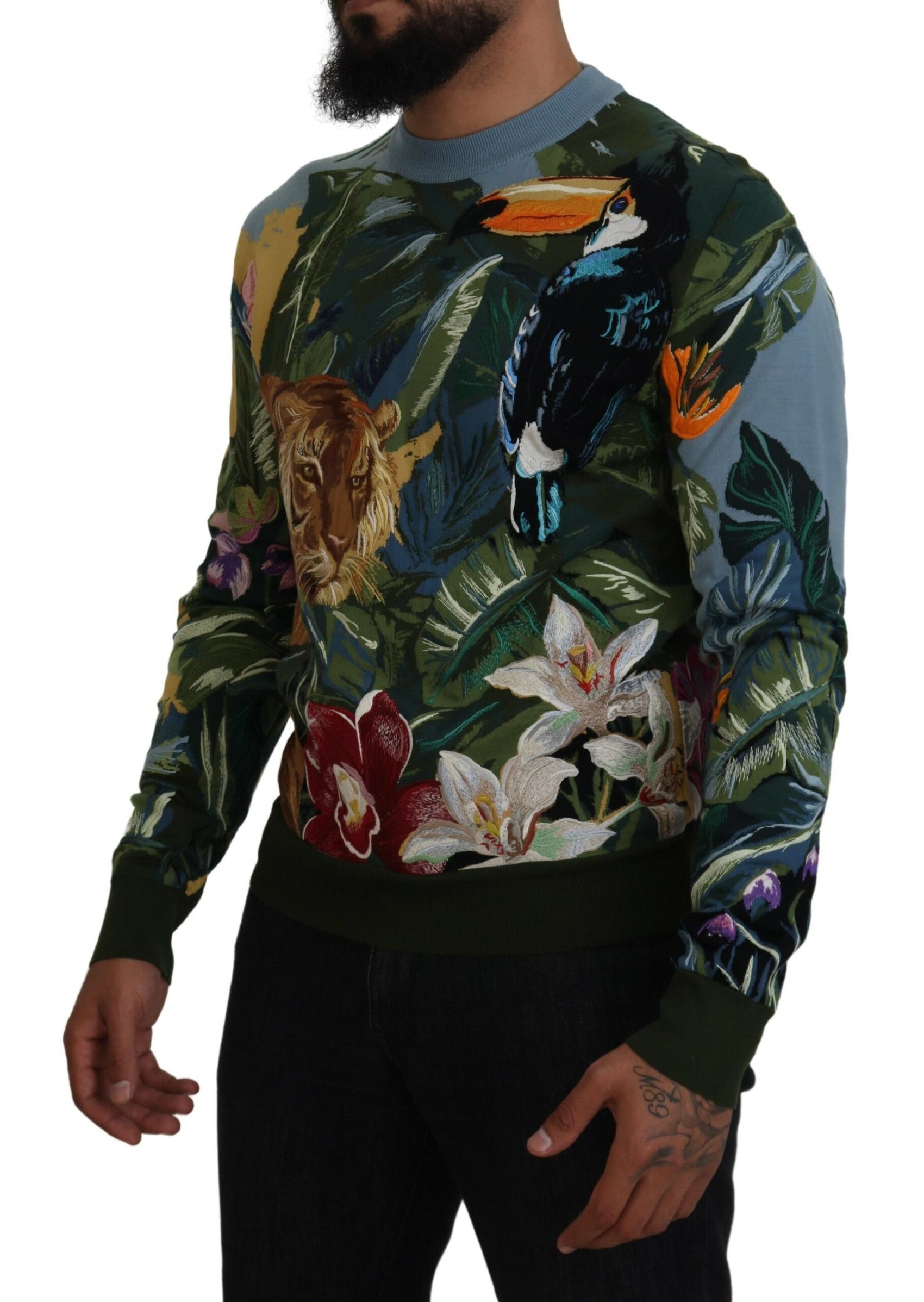 Pullover aus Wolle und Seide mit Dschungel-Stickerei