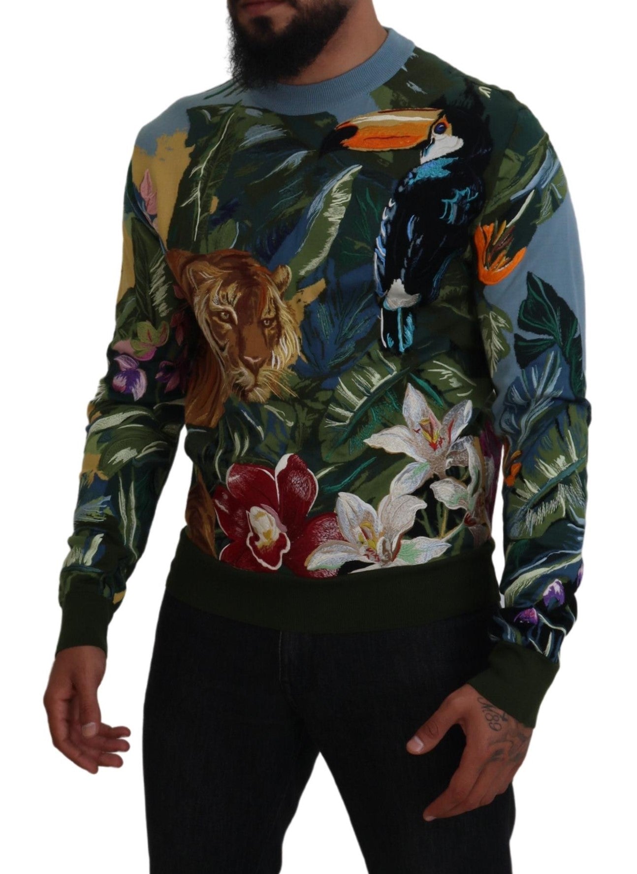 Pullover aus Wolle und Seide mit Dschungel-Stickerei