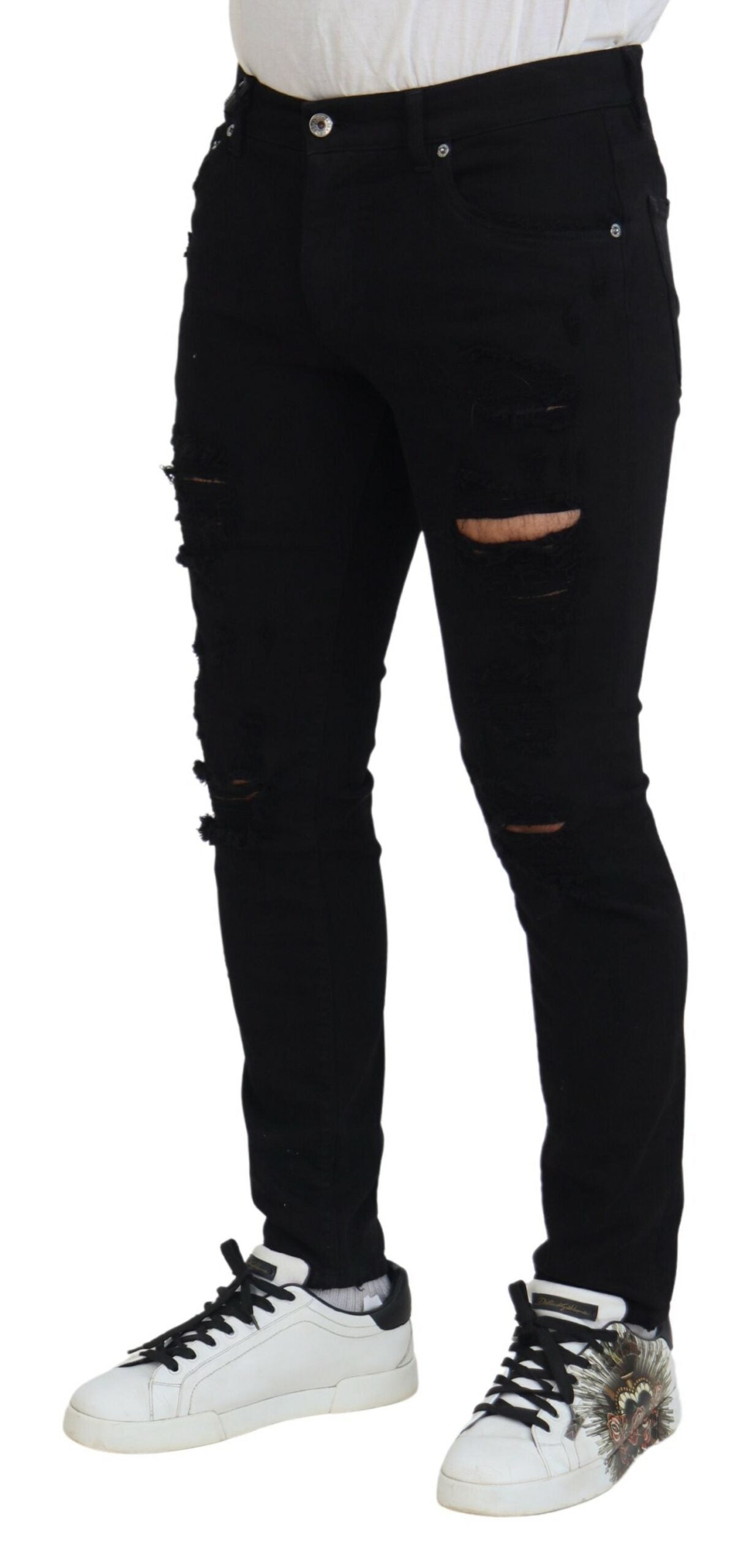 Svelte – Schwarzer, zerfetzter Slim-Fit-Jeansstoff
