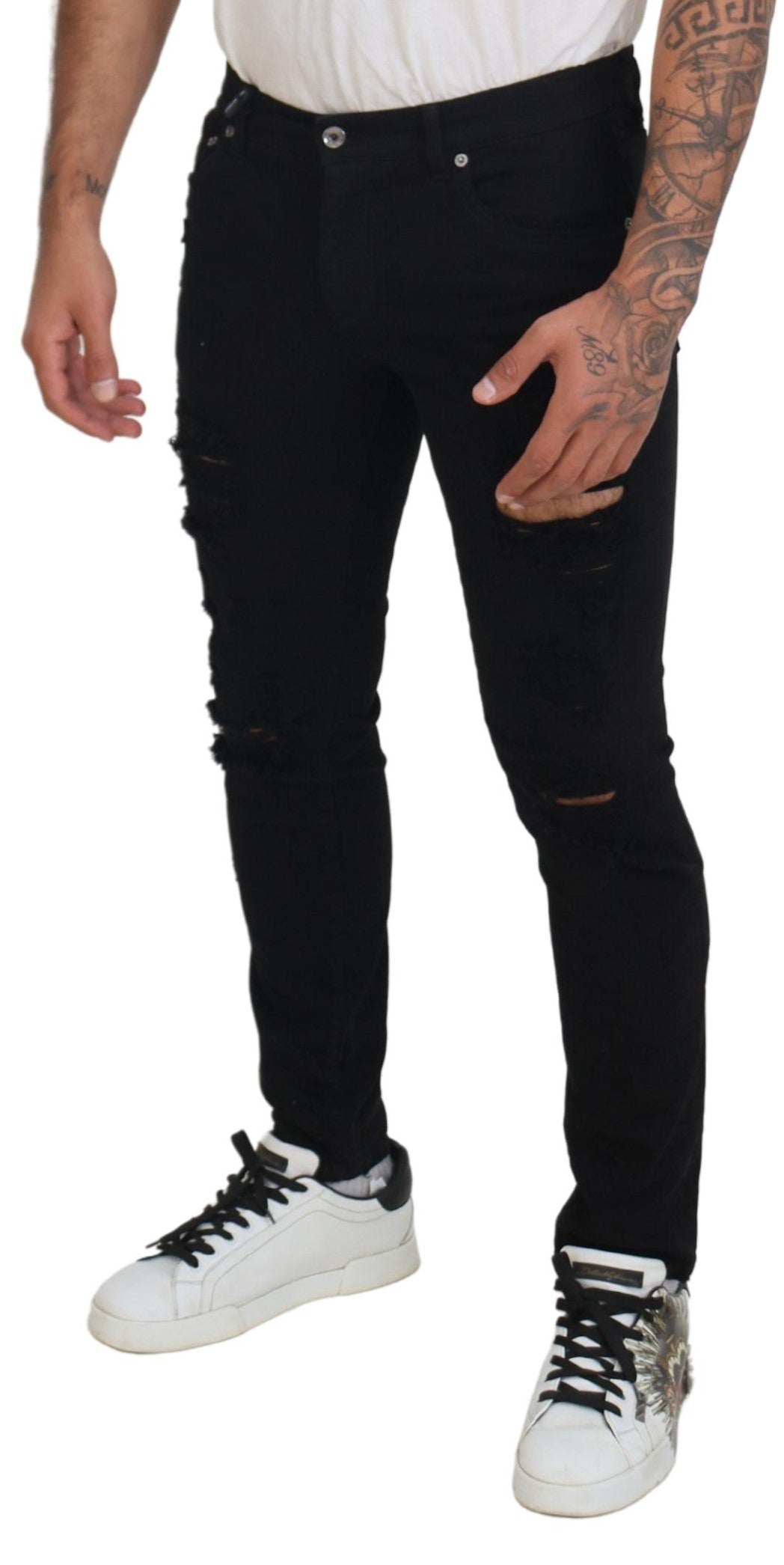 Svelte – Schwarzer, zerfetzter Slim-Fit-Jeansstoff