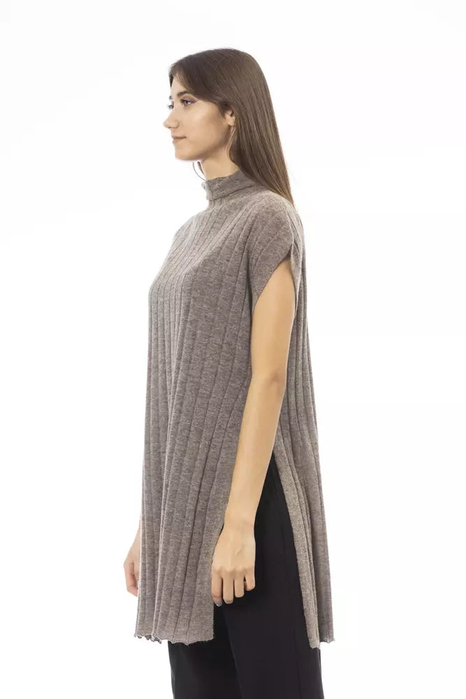 Brauner Wollpullover für Damen mit Seitenschlitzen