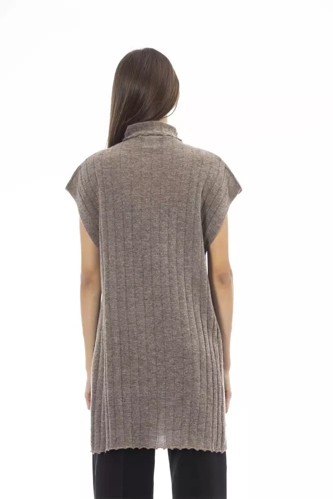 Brauner Wollpullover für Damen mit Seitenschlitzen