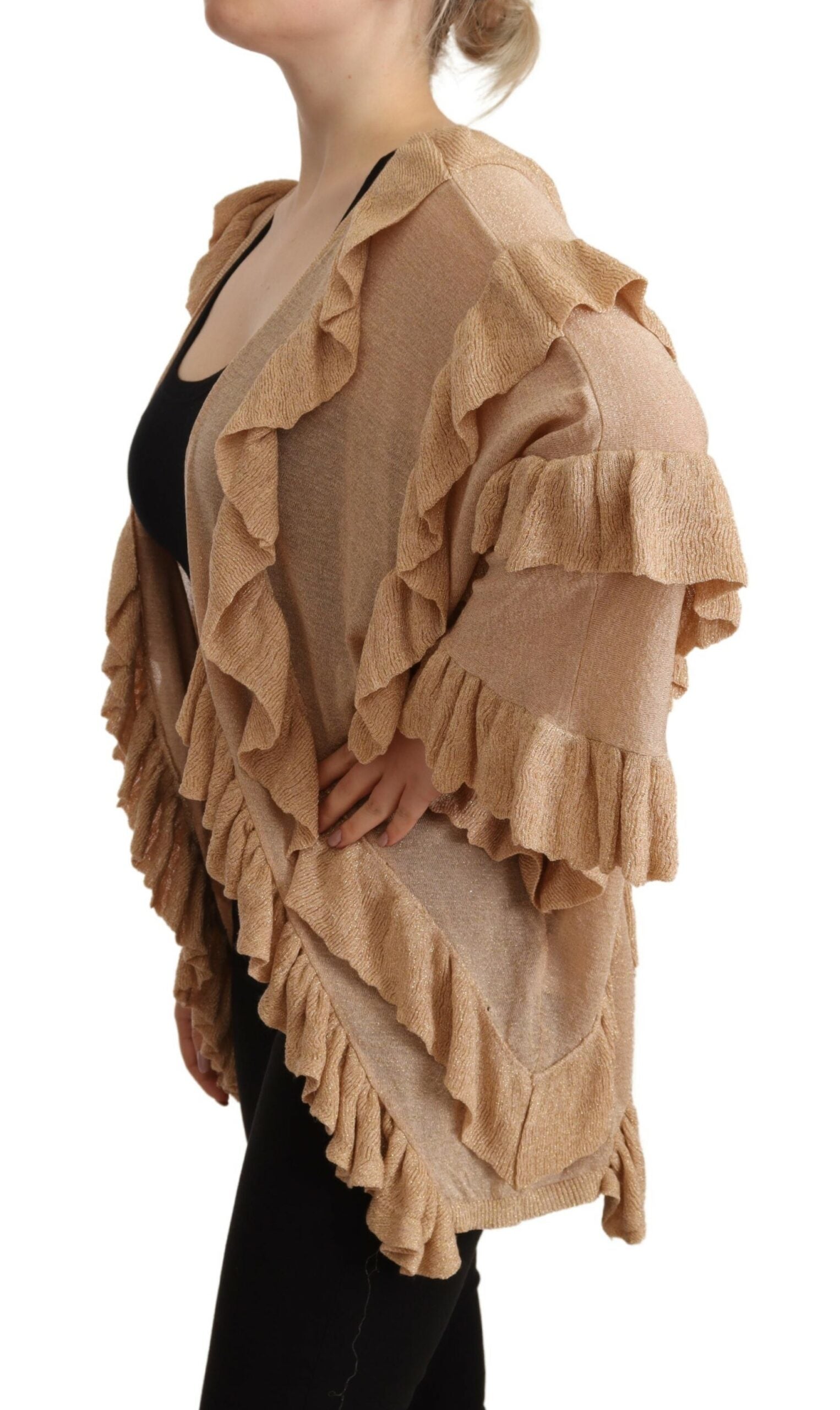 Schicke beige Strickjacke mit langen Ärmeln und offener Vorderseite