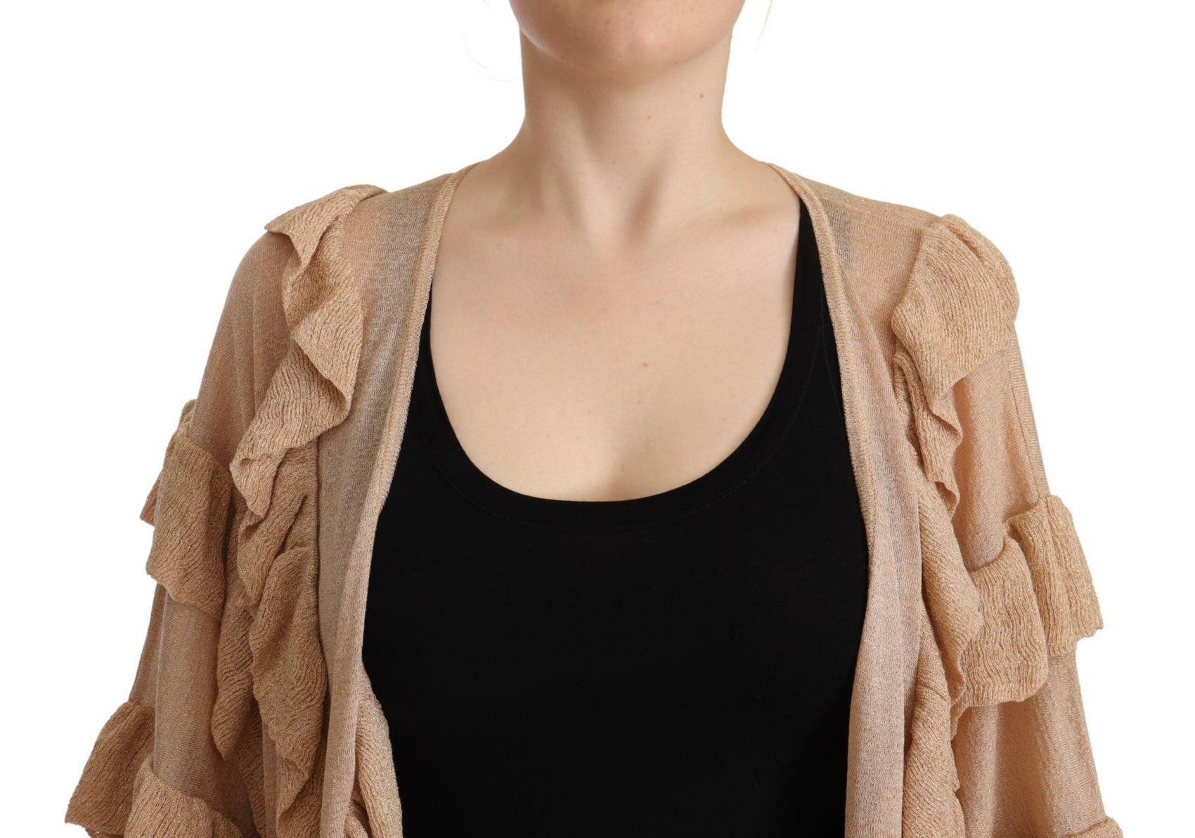Schicke beige Strickjacke mit langen Ärmeln und offener Vorderseite