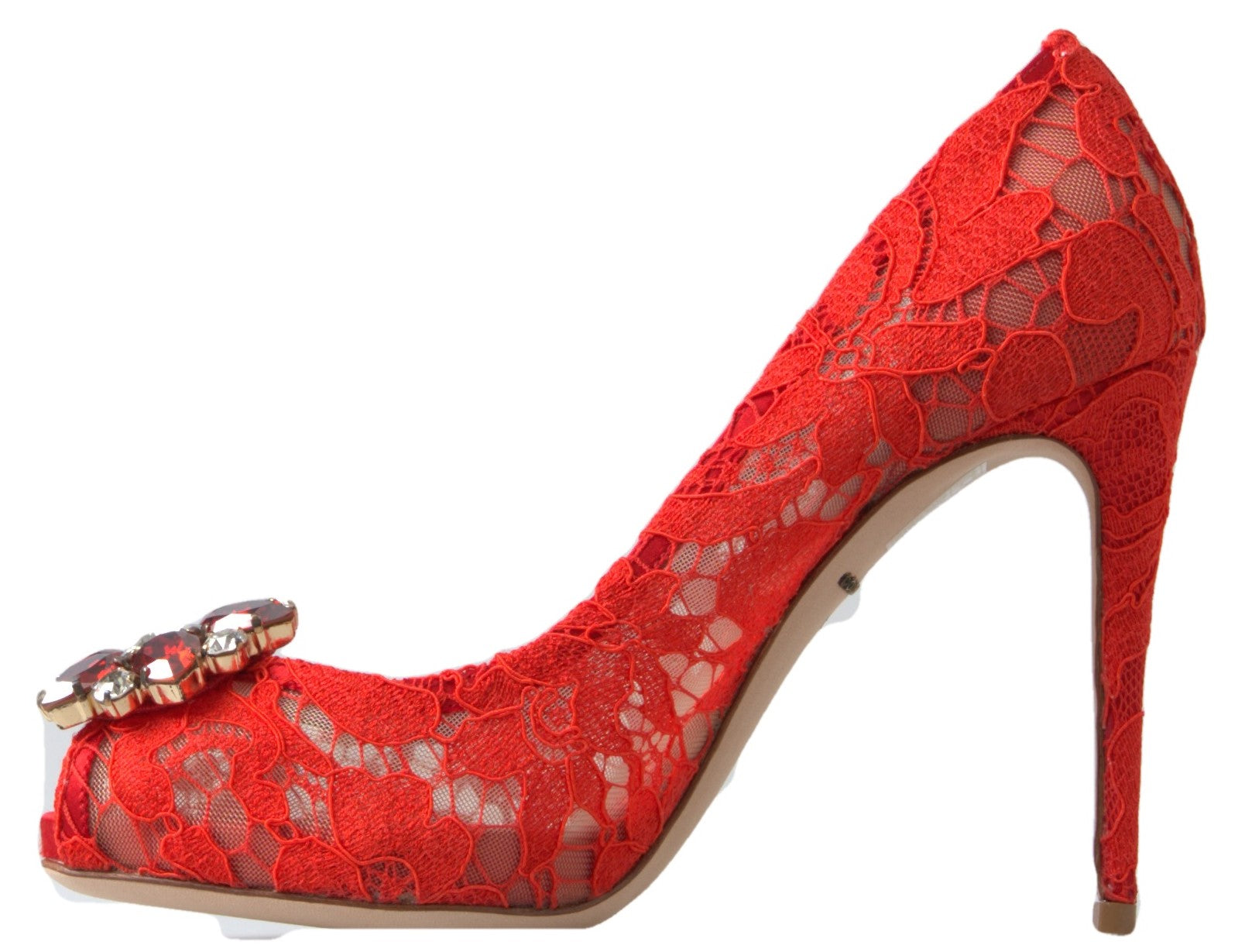 Schicke rote Spitzen-Heels mit Kristallverzierung