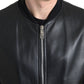 Elegant Black Leather Bomber Jacket