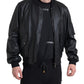 Elegant Black Leather Bomber Jacket