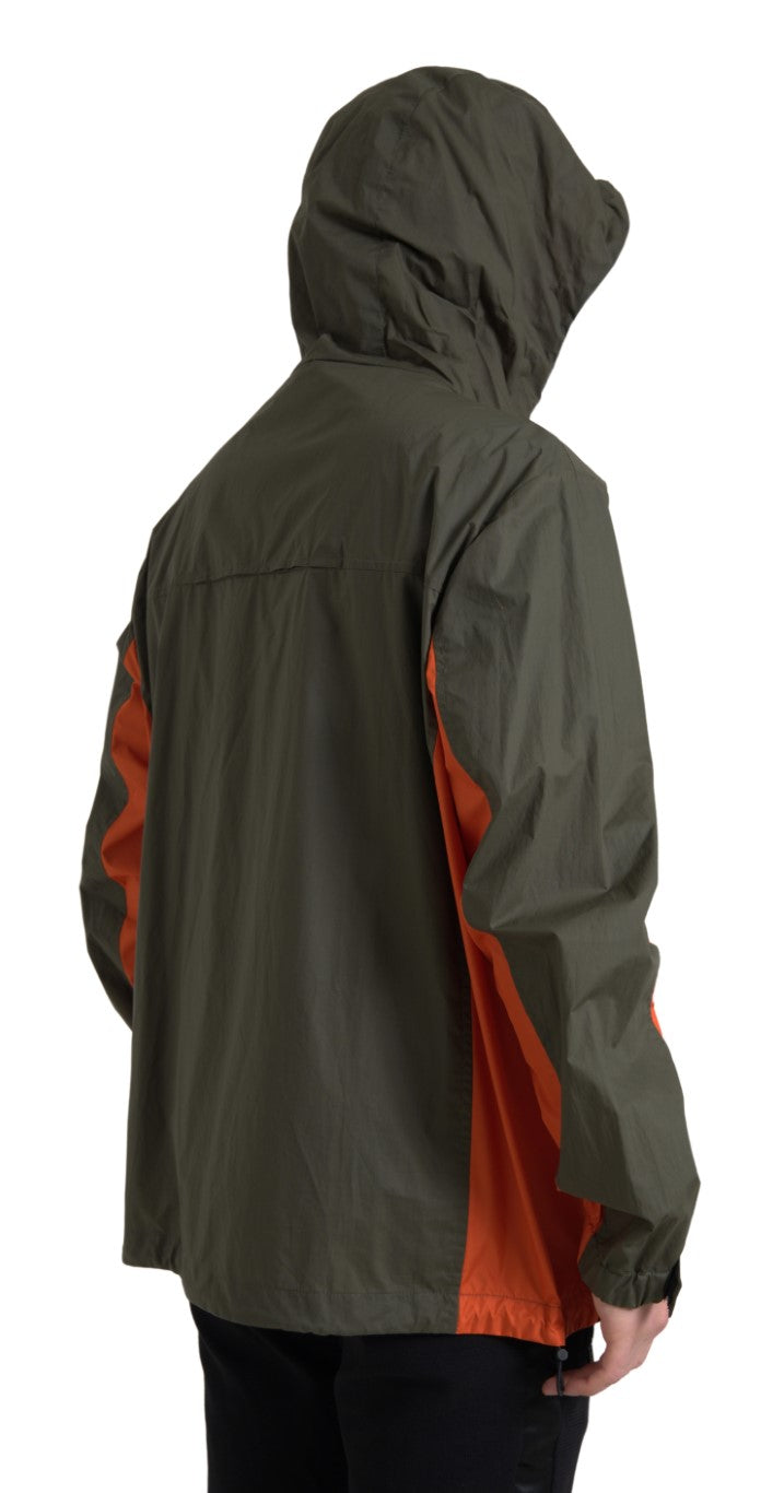 Elegante giacca con cappuccio e cerniera intera in verde e arancione