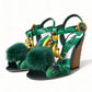 Green Crystal Mink Fur T-Strap Sandals