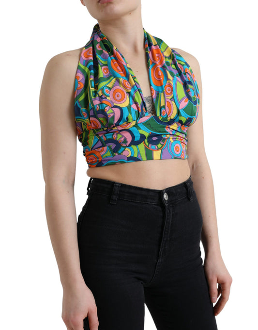 Elegante top corto con scollo all'americana in misto seta