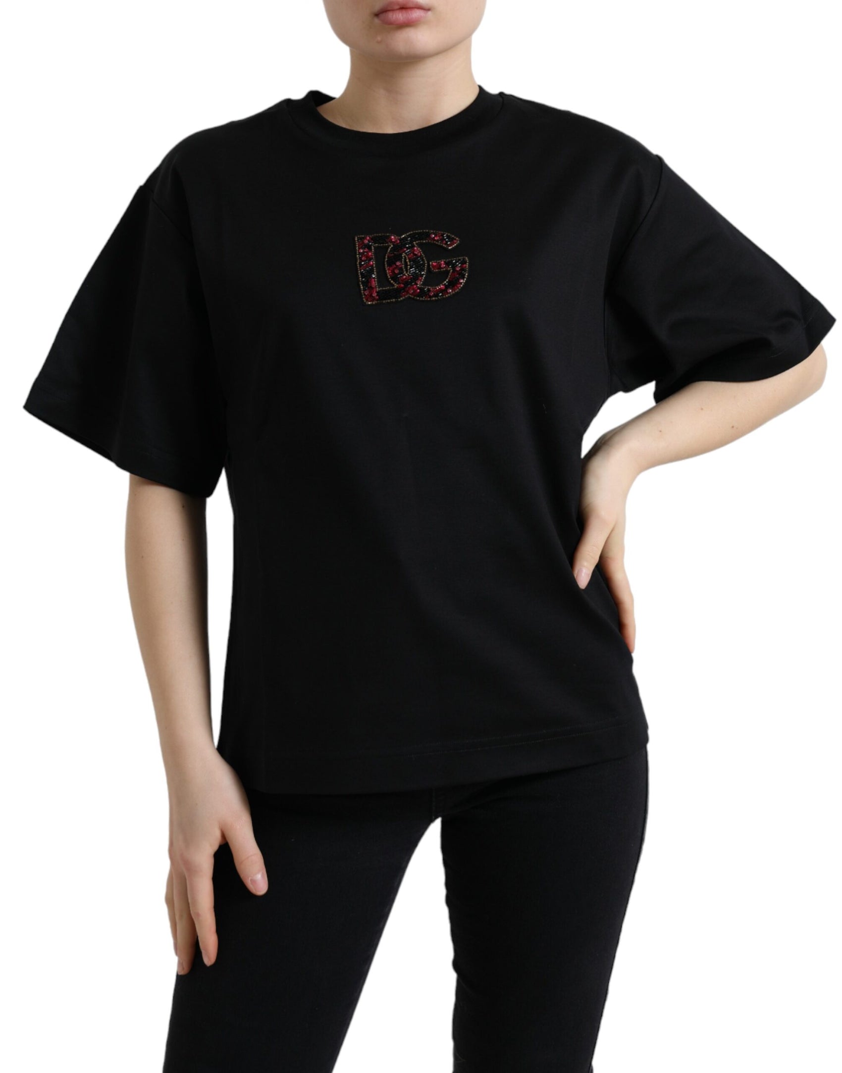 T-shirt elegante nera impreziosita da cristalli