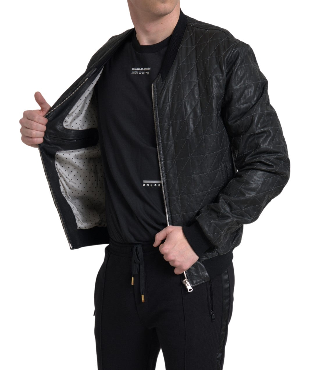 Elegant Black Leather Bomber Jacket