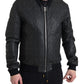 Elegant Black Leather Bomber Jacket