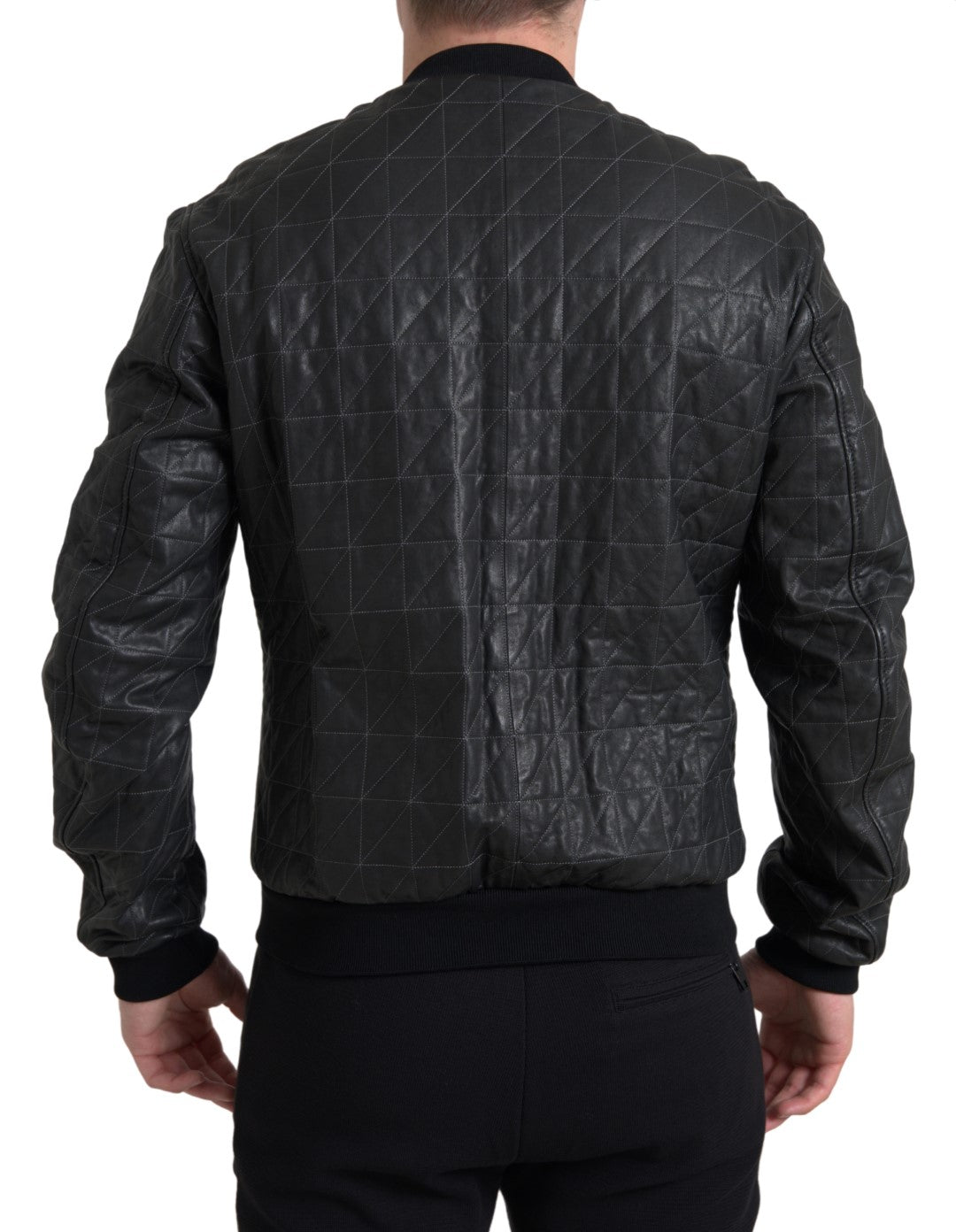 Elegant Black Leather Bomber Jacket