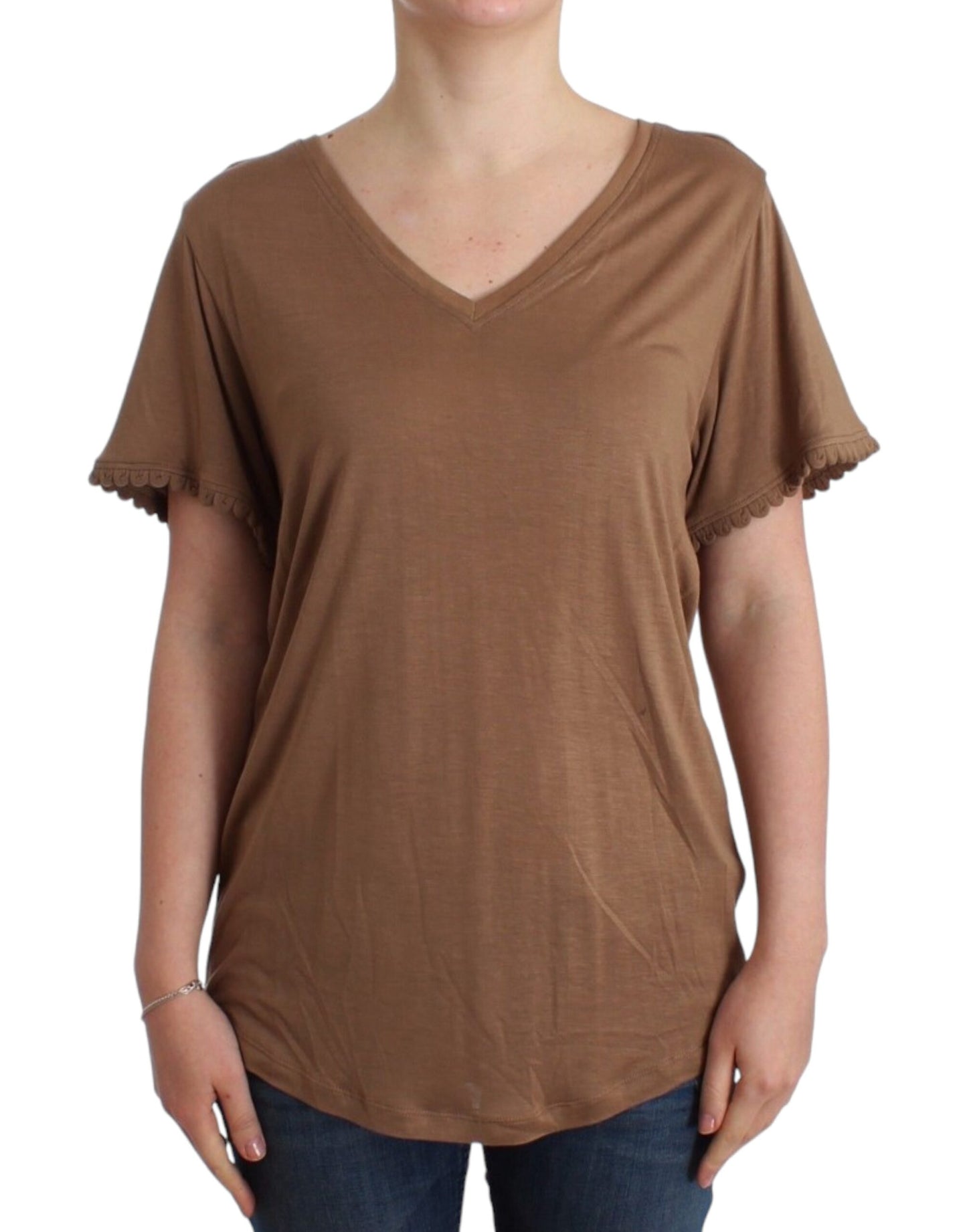 Elegante top a maniche corte in rayon marrone