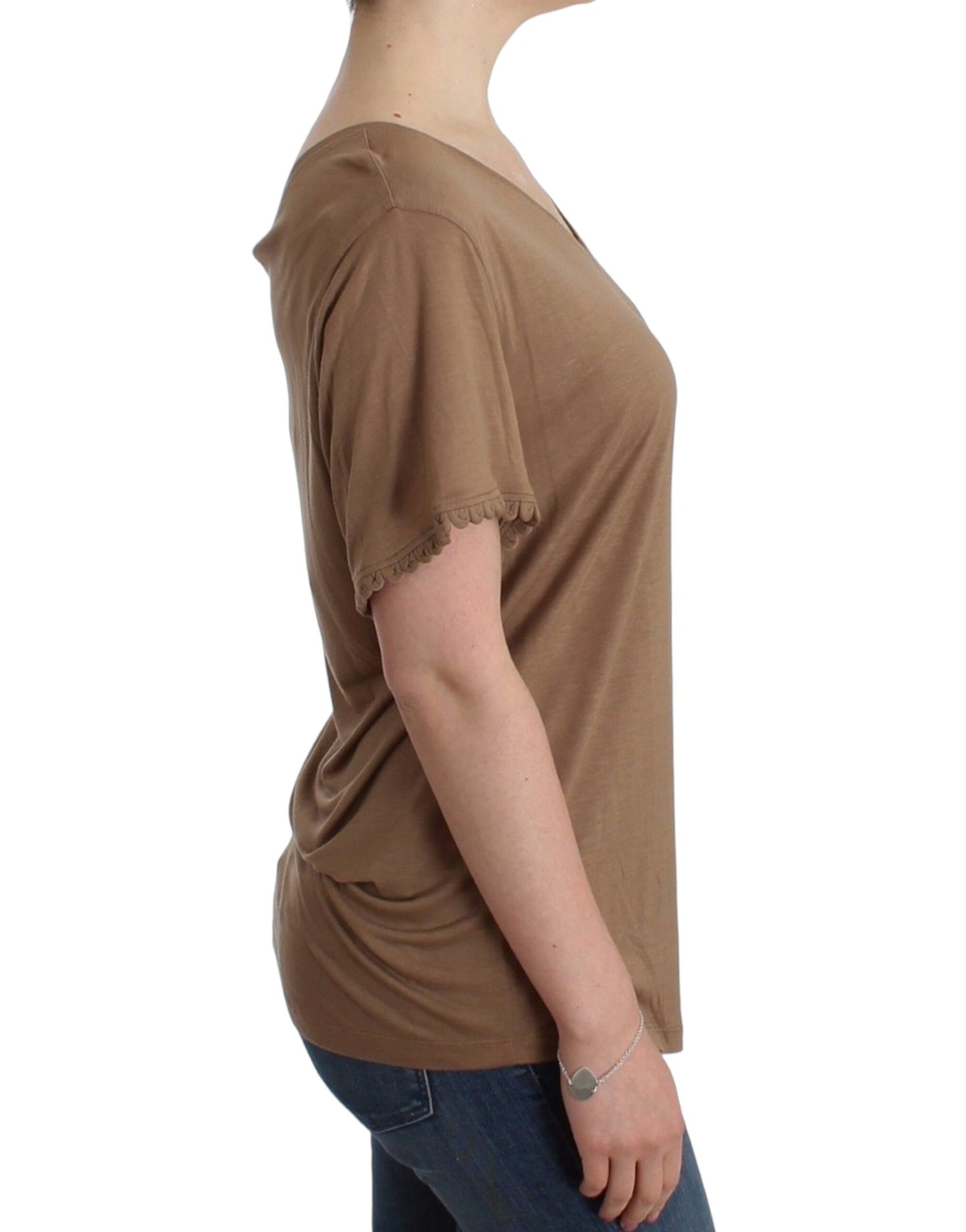 Elegante top a maniche corte in rayon marrone