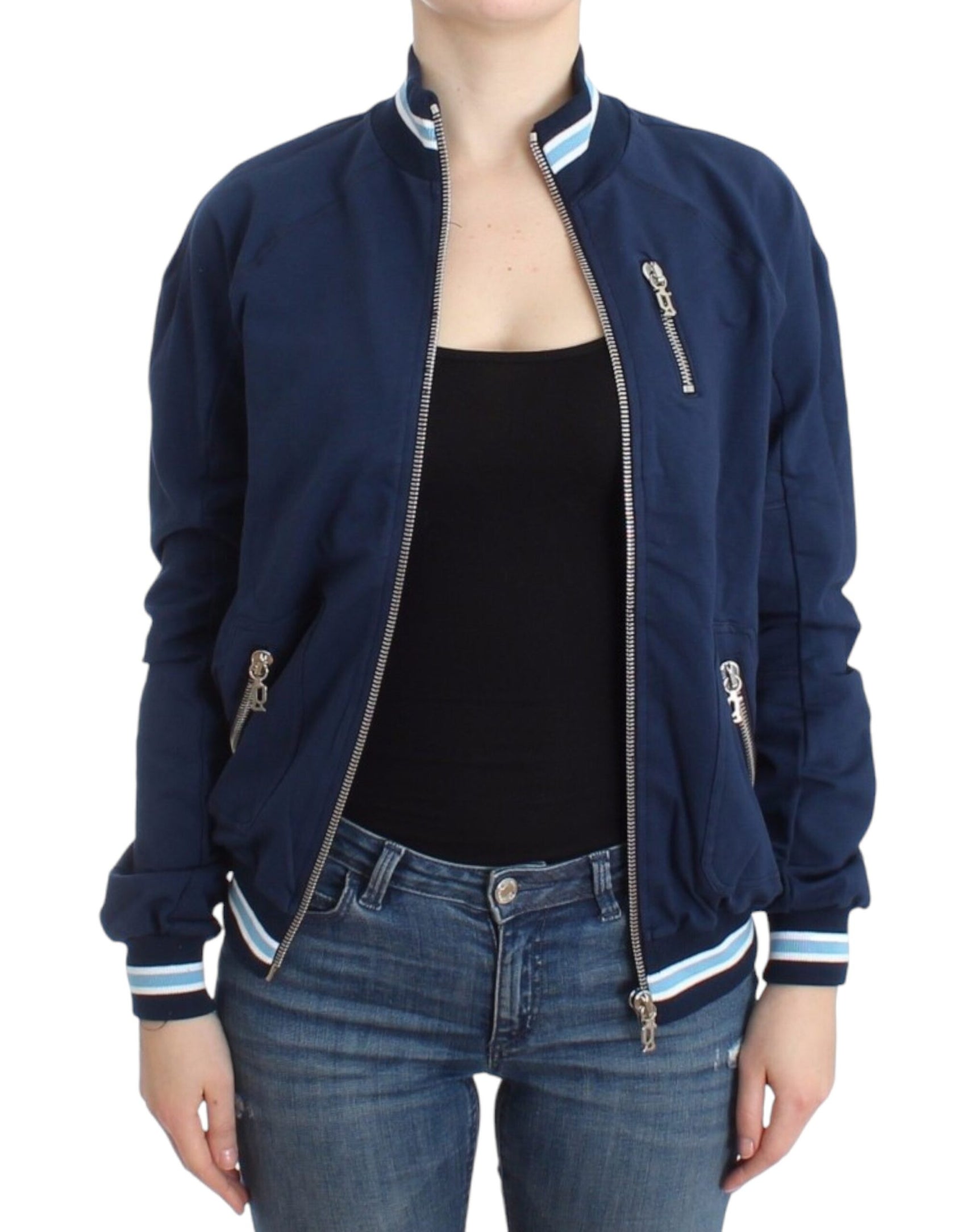 Schicke blaue Strickjacke mit Reißverschluss und Logo-Detail