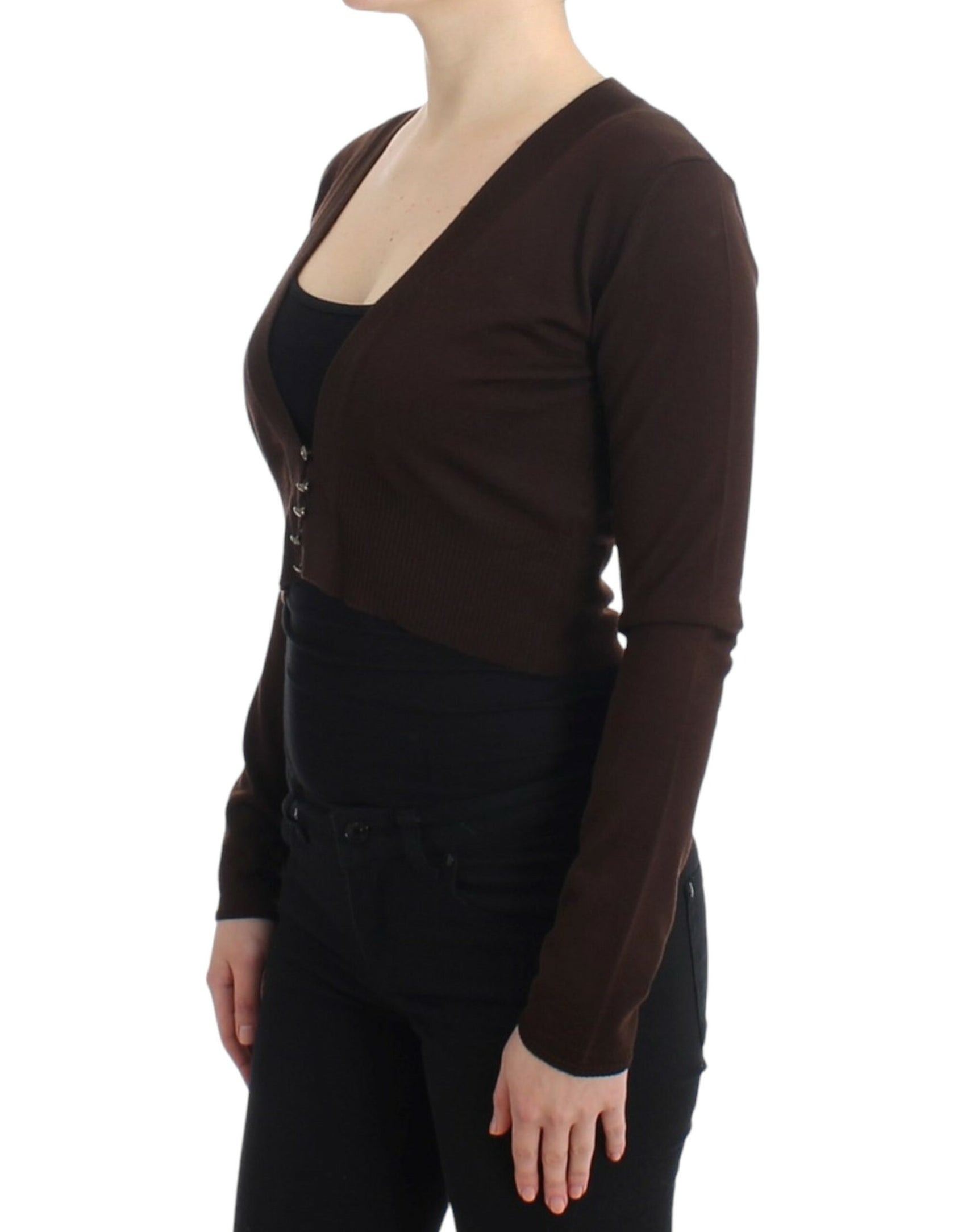 Elegante cardigan corto in lana vergine marrone