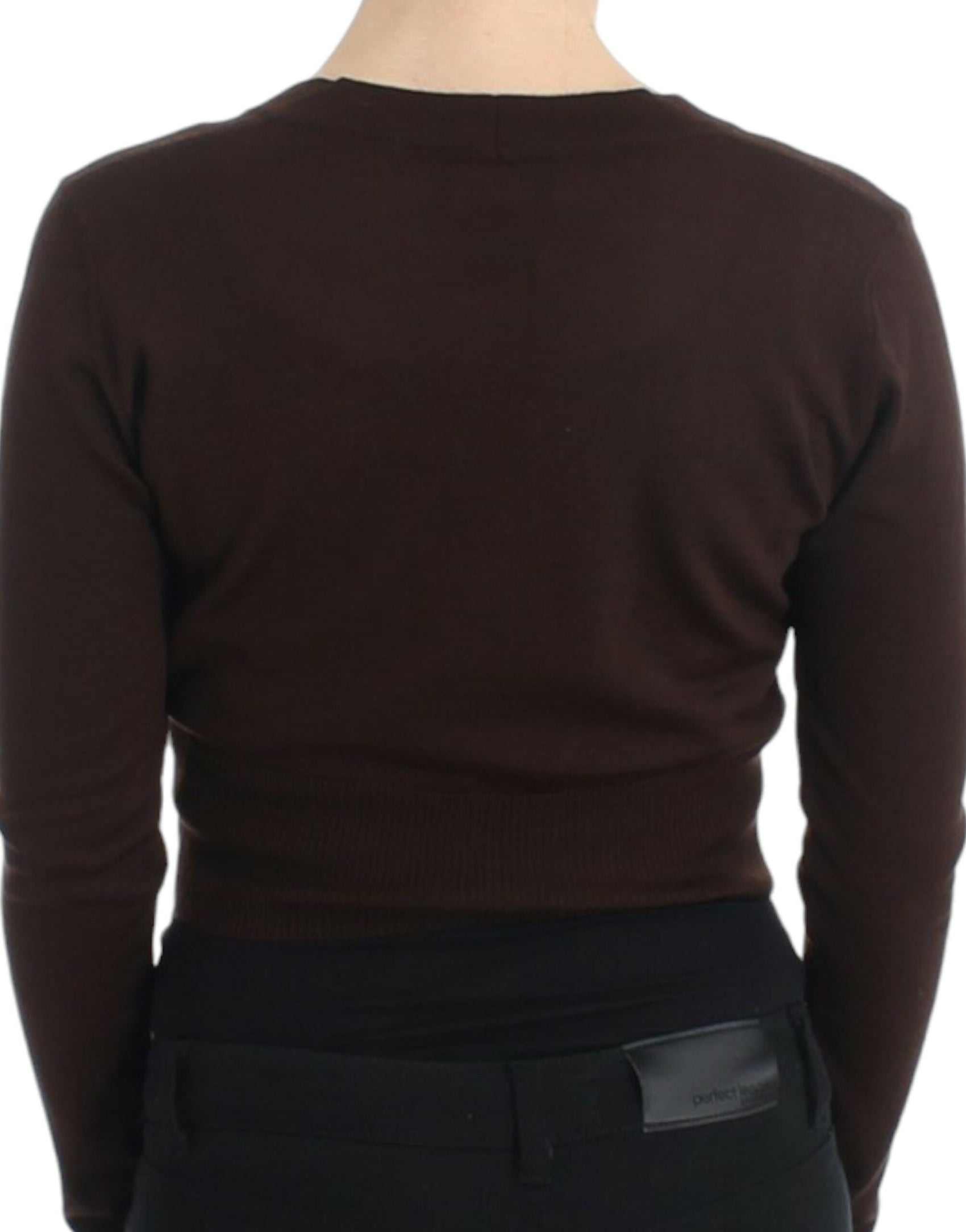 Elegante cardigan corto in lana vergine marrone