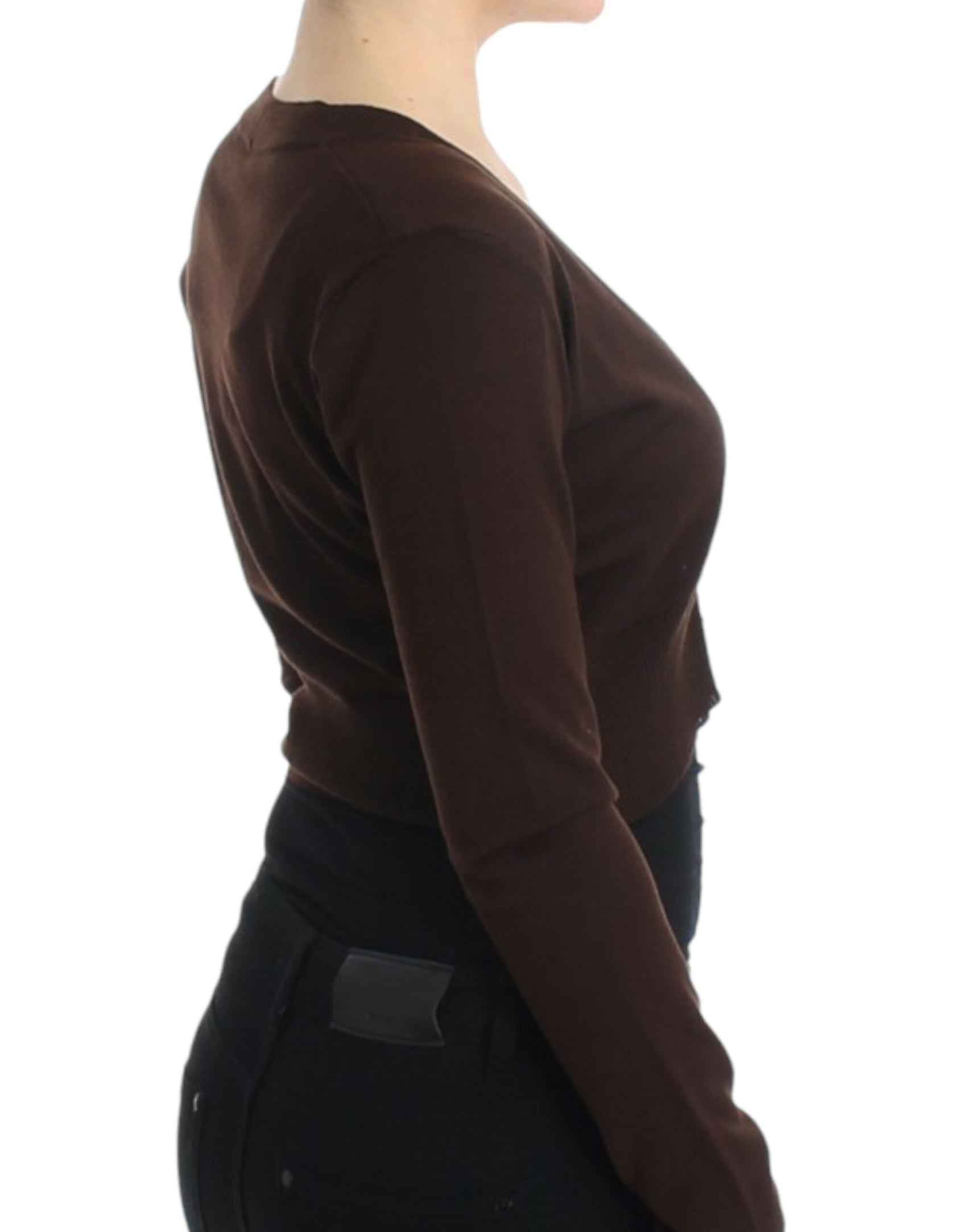 Elegante cardigan corto in lana vergine marrone