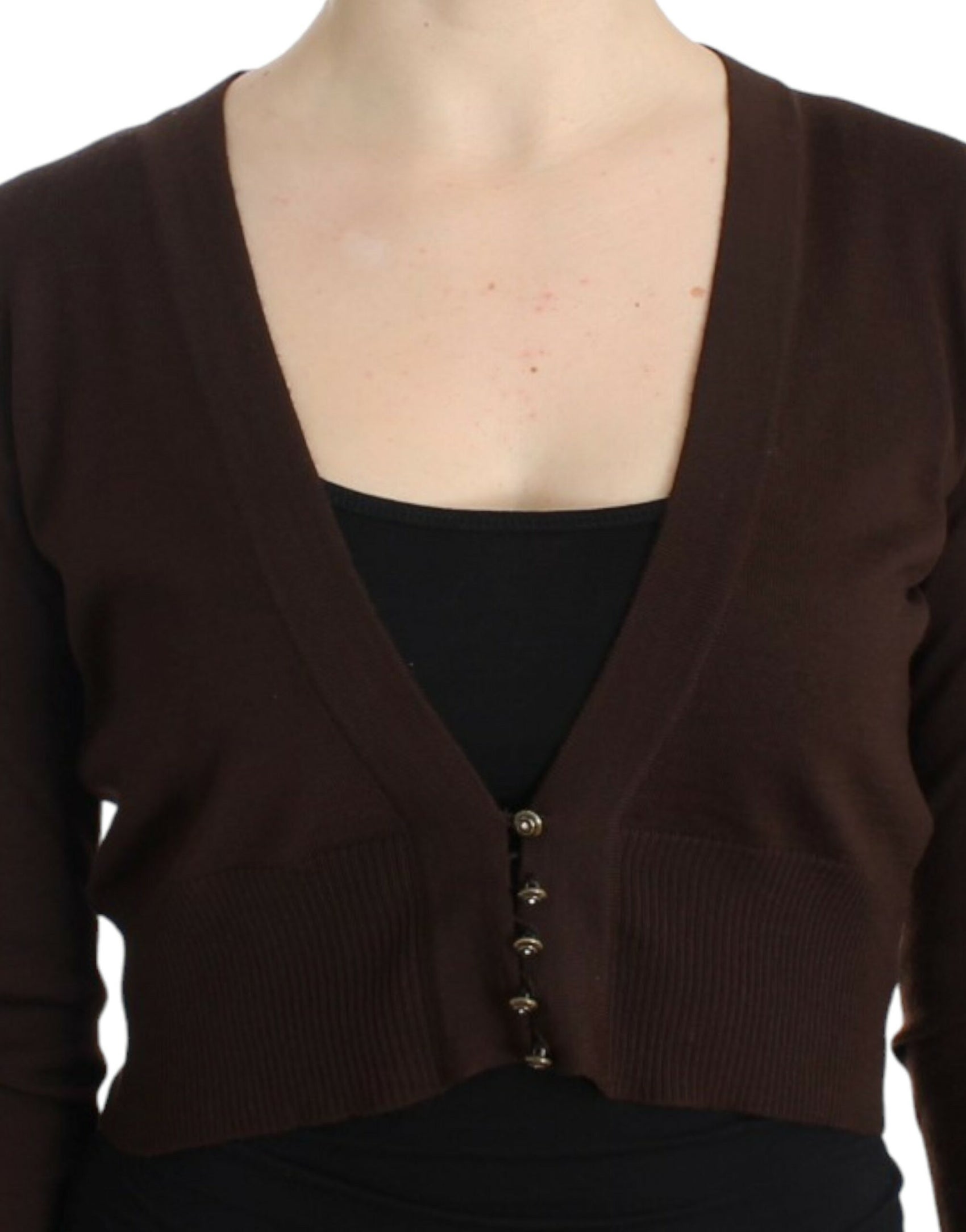 Elegante cardigan corto in lana vergine marrone
