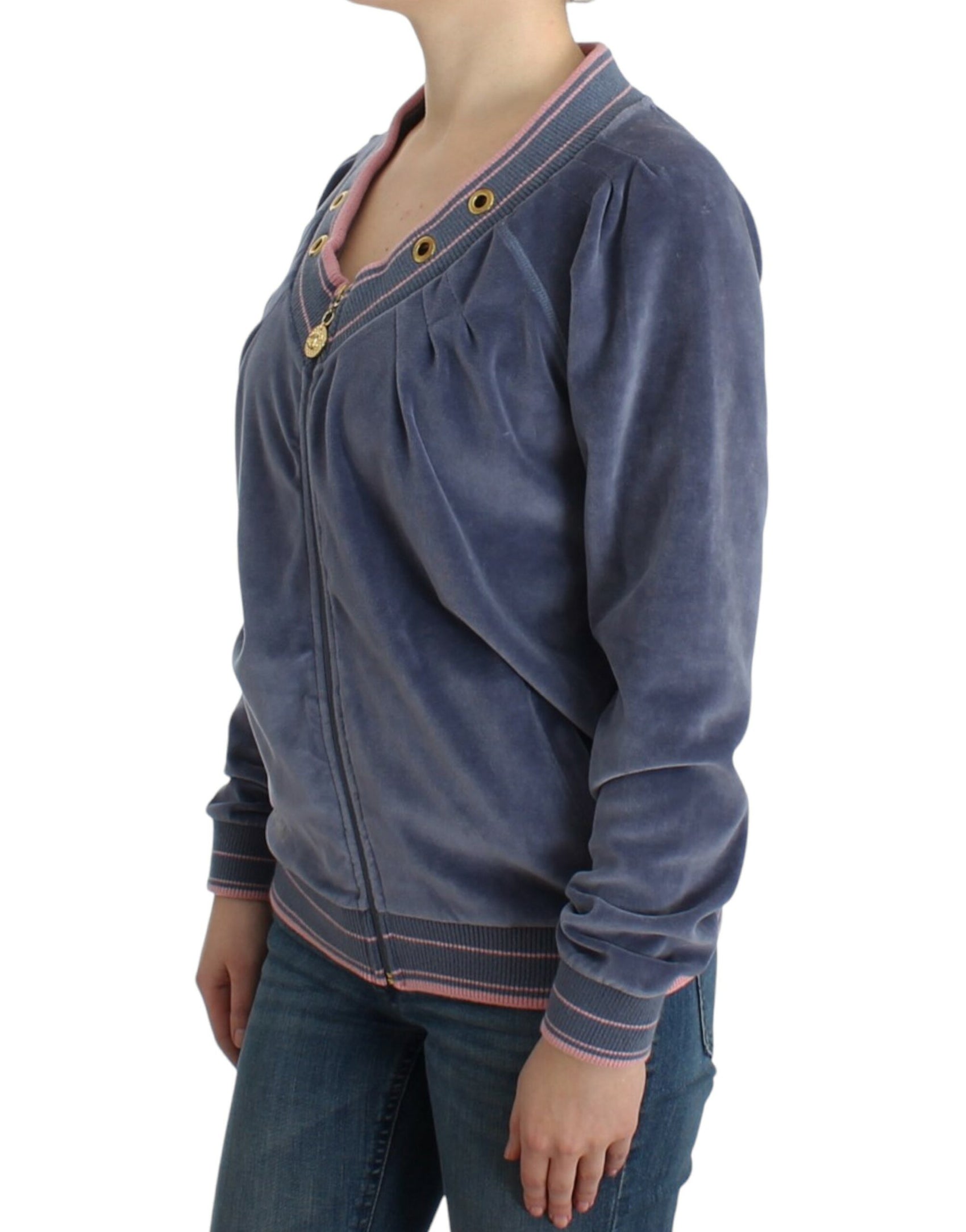 Eleganter blauer Zip-Cardigan mit goldenen Details