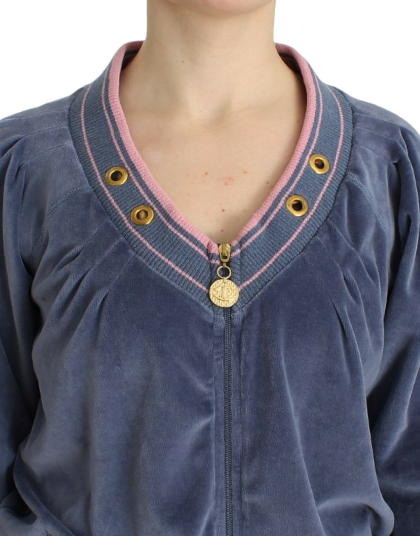 Eleganter blauer Zip-Cardigan mit goldenen Details