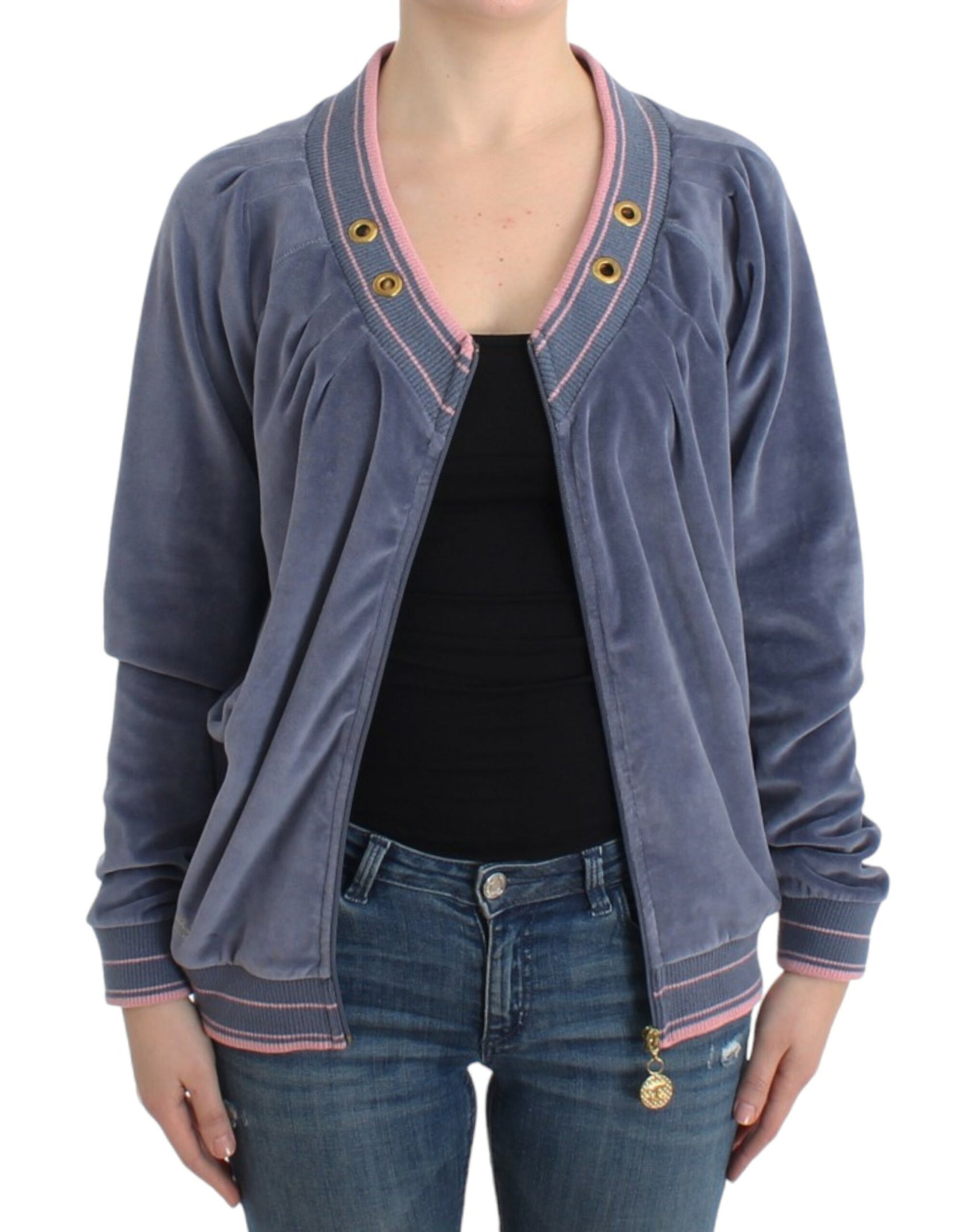 Eleganter blauer Zip-Cardigan mit goldenen Details
