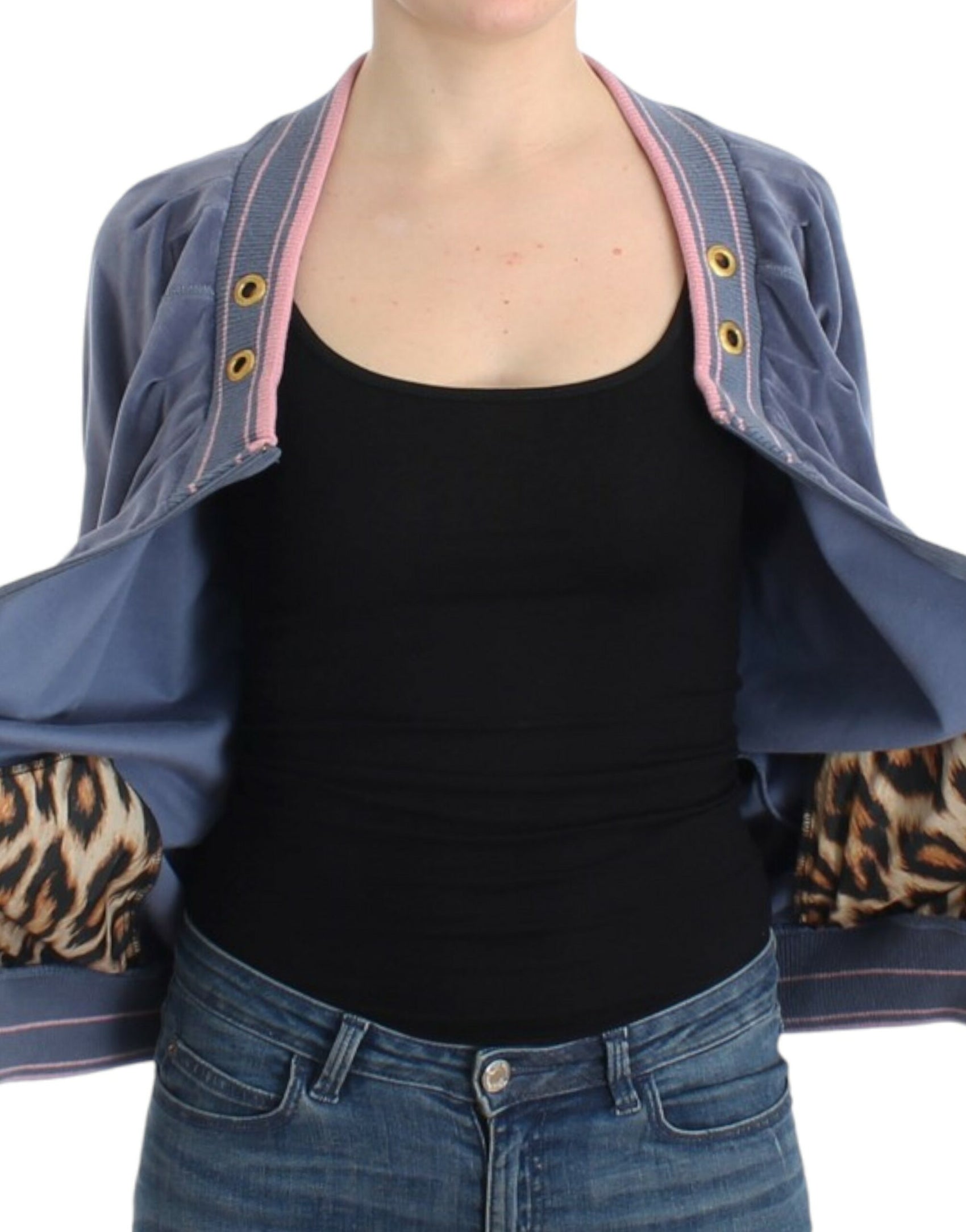 Eleganter blauer Zip-Cardigan mit goldenen Details