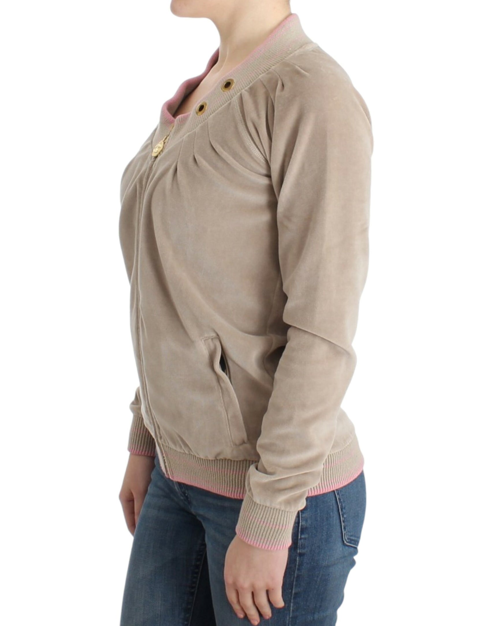 Beige Strickjacke mit Reißverschluss und goldfarbenen Akzenten